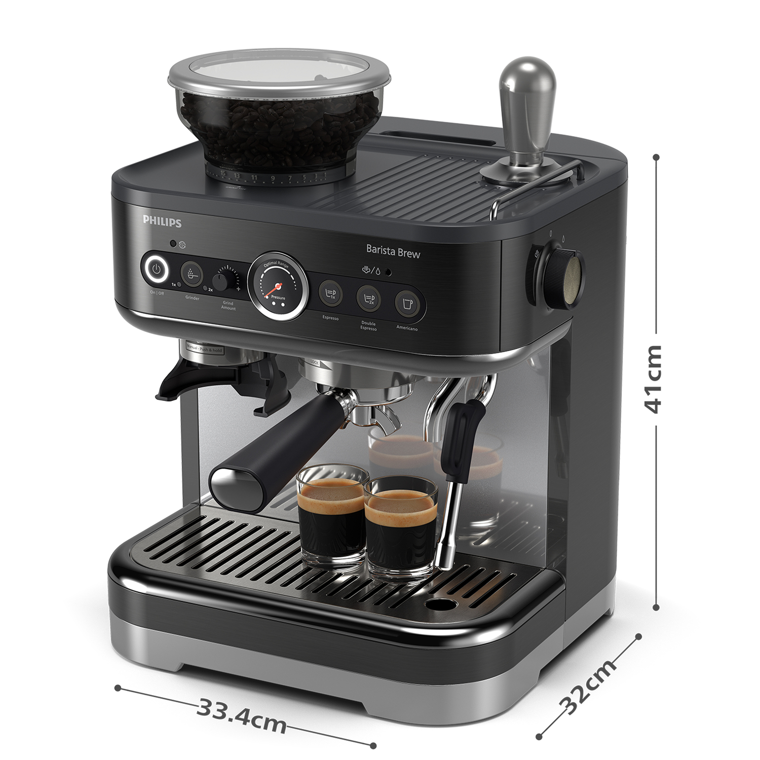 Een zwarte en zilveren Philips Barista Brew koffiemachine met twee espresso's.