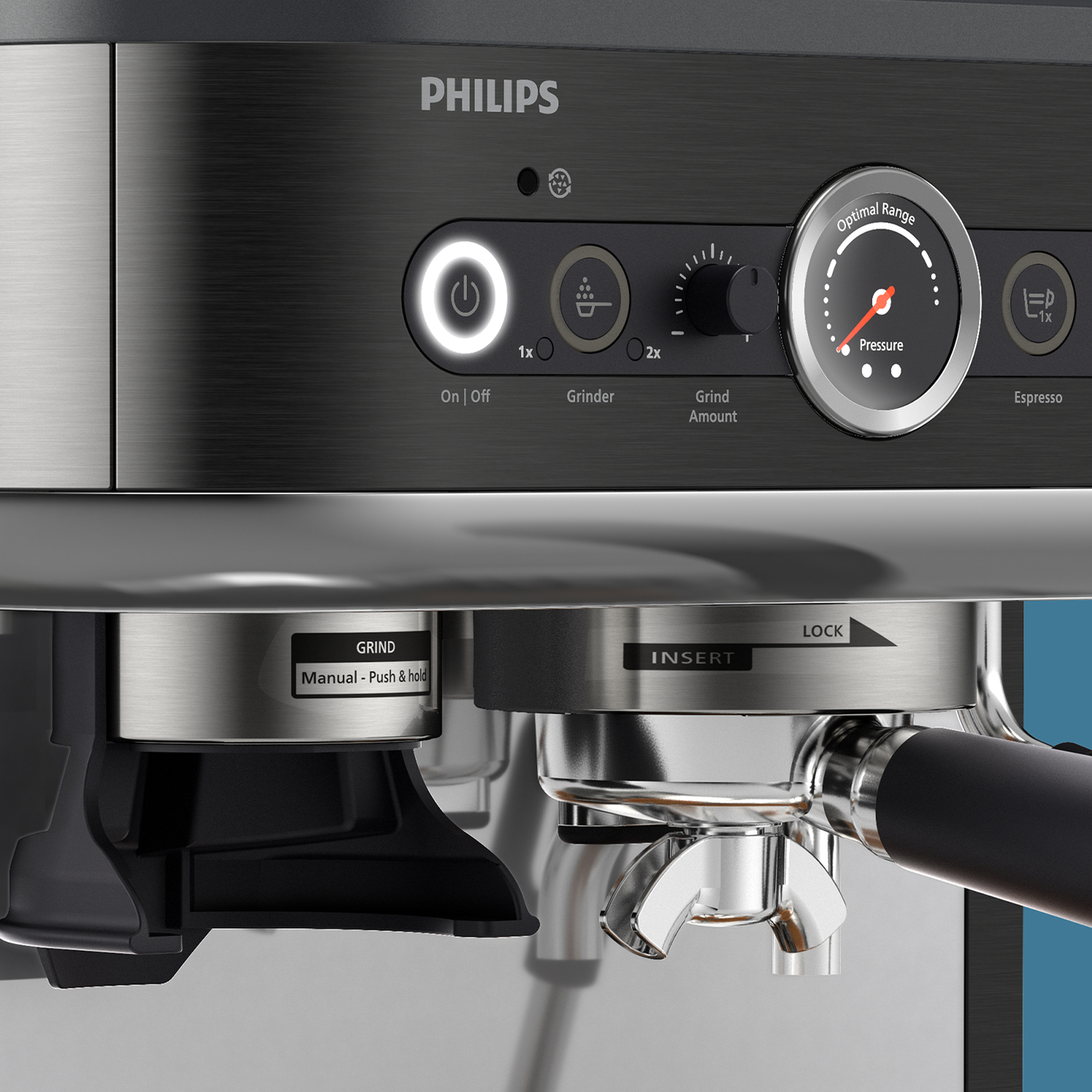 Close-up van een Philips espressomachine, met bediening, maalruimte en manometer.