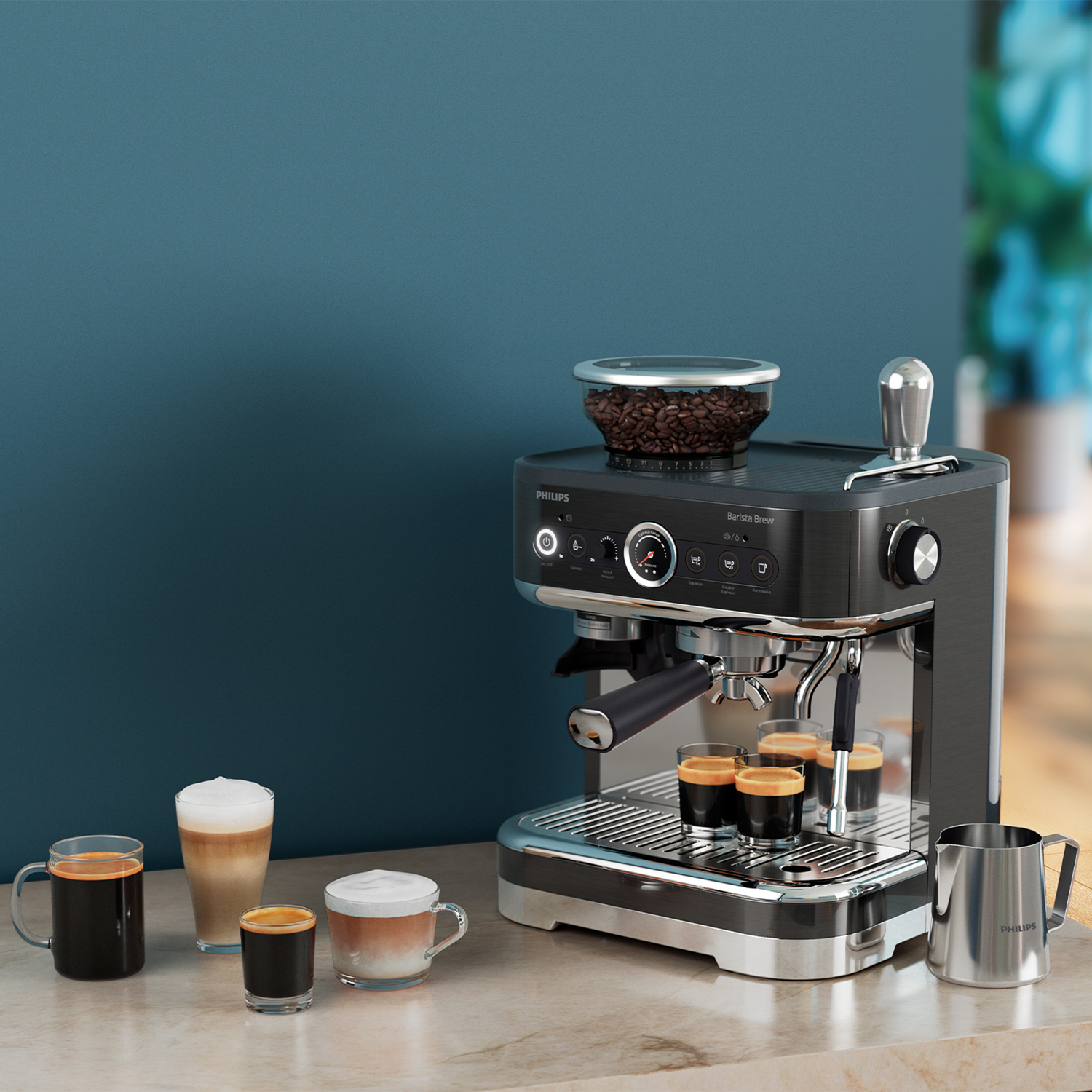 Een espressomachine met koffie, melk en espressokopjes op een marmeren aanrecht.
