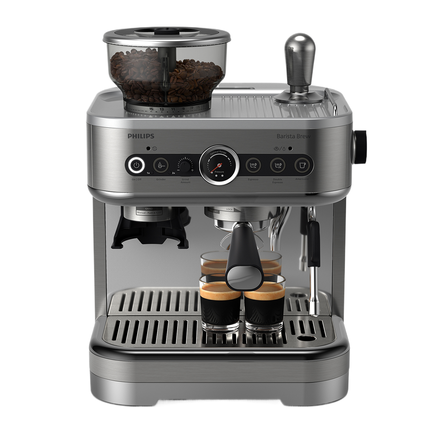 Une machine à expresso Philips Barista Brew en acier inoxydable, avec un récipient à grains de café et deux shots d'expresso.