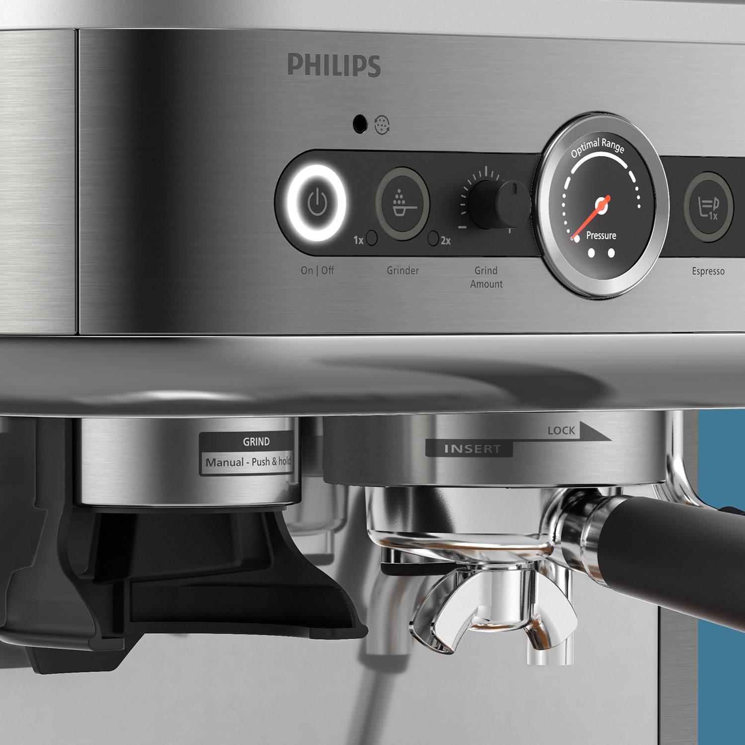 Gros plan sur le panneau de commande d'une machine à café avec boutons et jauge.