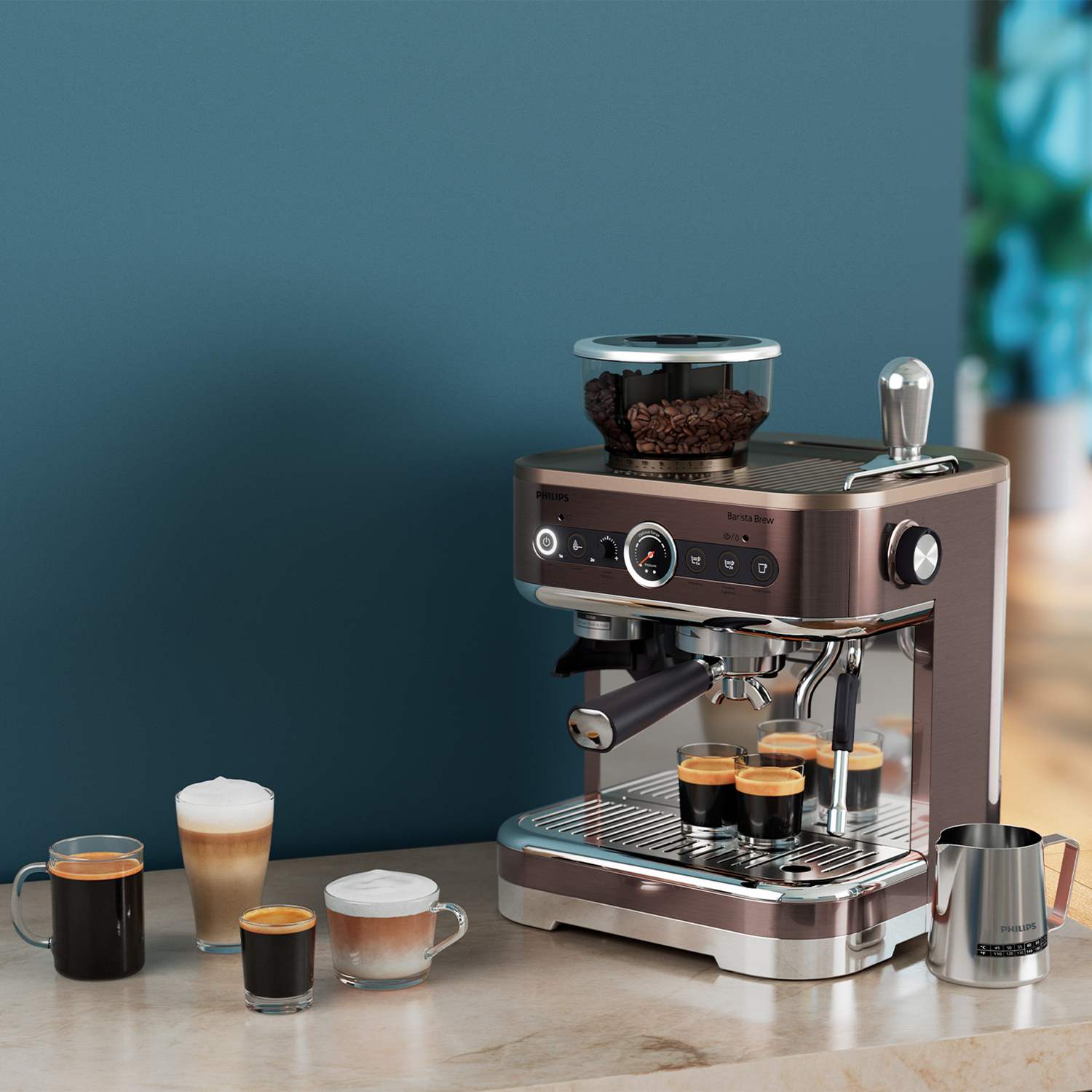 Machine à expresso avec tasses à café et grains. Machine marron, 3 shots d'espresso, pichet à lait sur marbre.