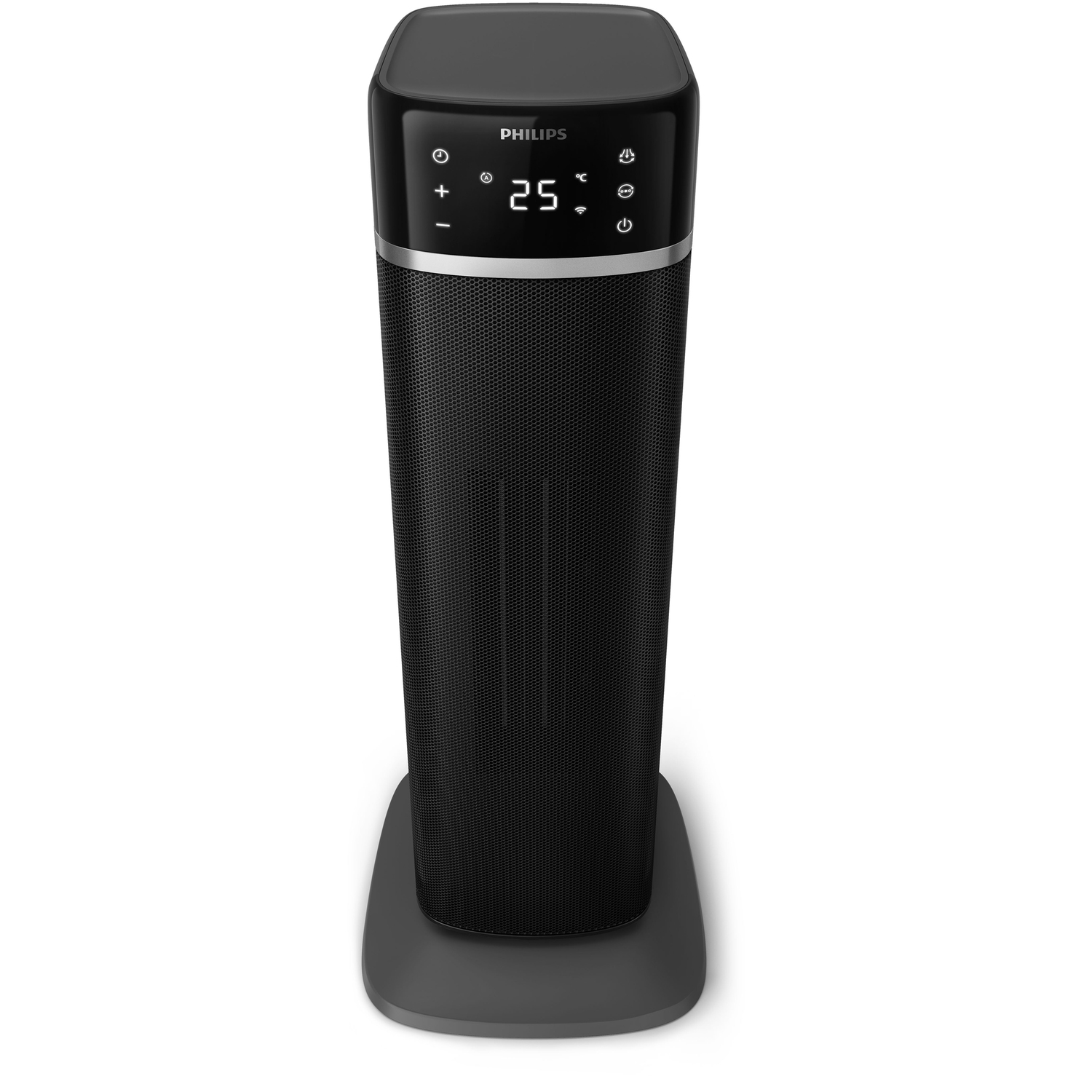 Black Philips tower heater. Digital display shows 25. Cylindrical body with mesh grill. Gray base.