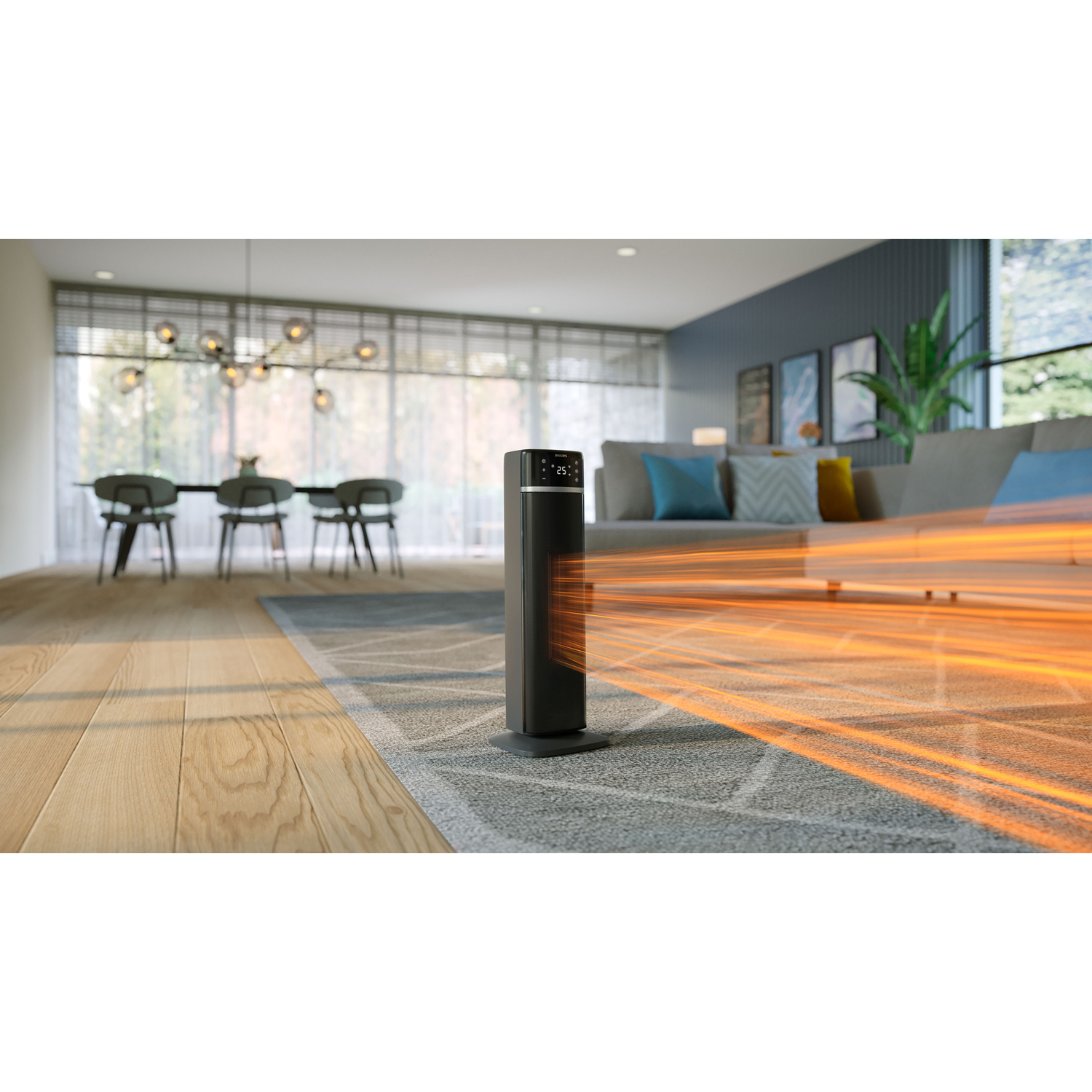A black, cylindrical heater emitting orange heat waves in a living room setting. Modern design.