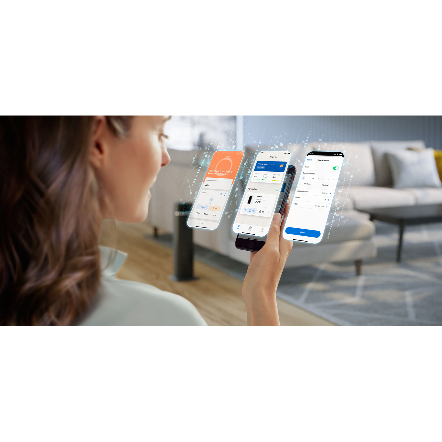 A woman holding a phone showing smart home app screens in a modern living room.