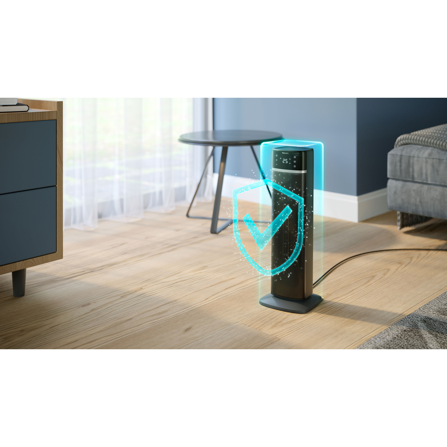 Black air purifier with a shield icon, standing in a room, wooden floor.