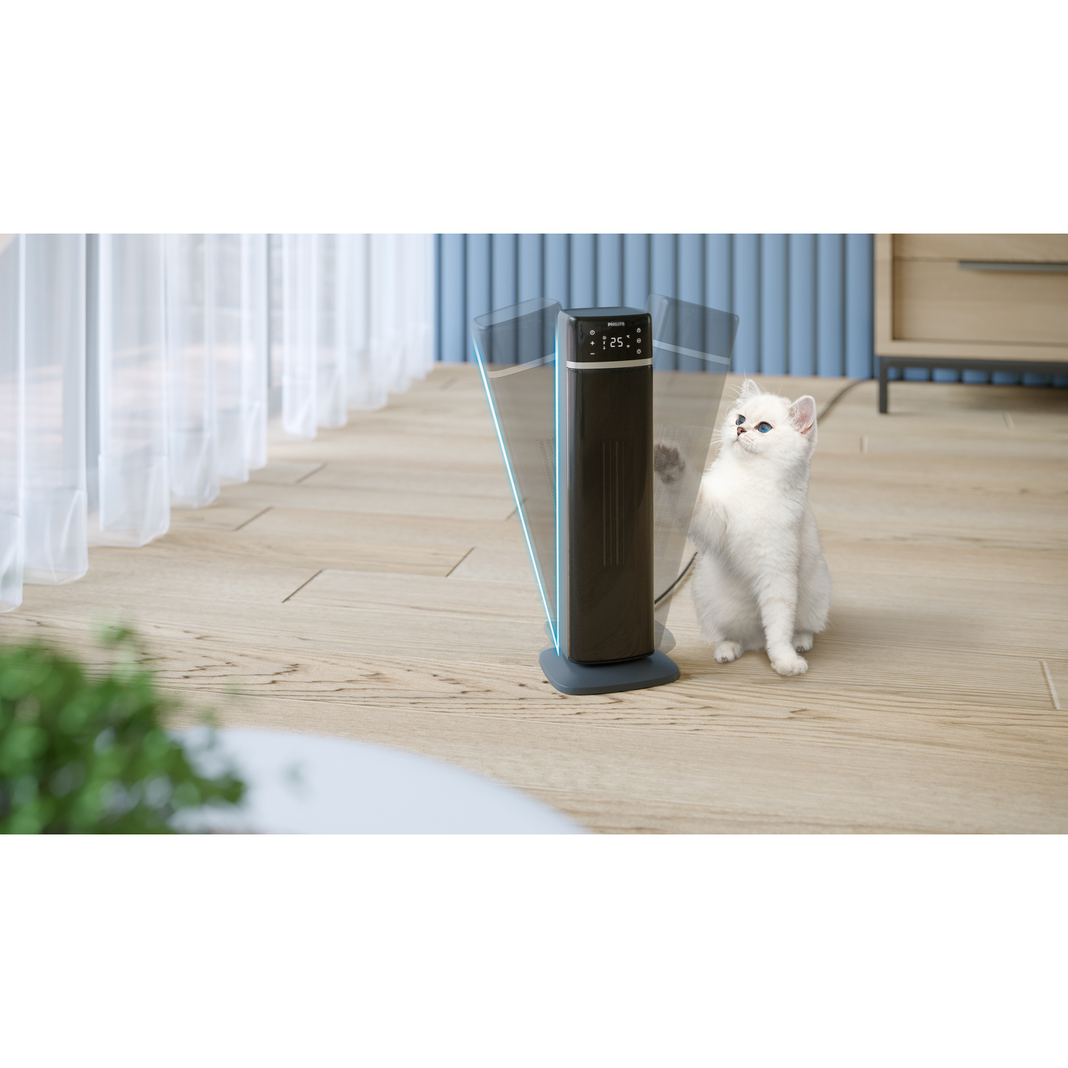A white cat touches a black and silver heater in a room with wooden floors.