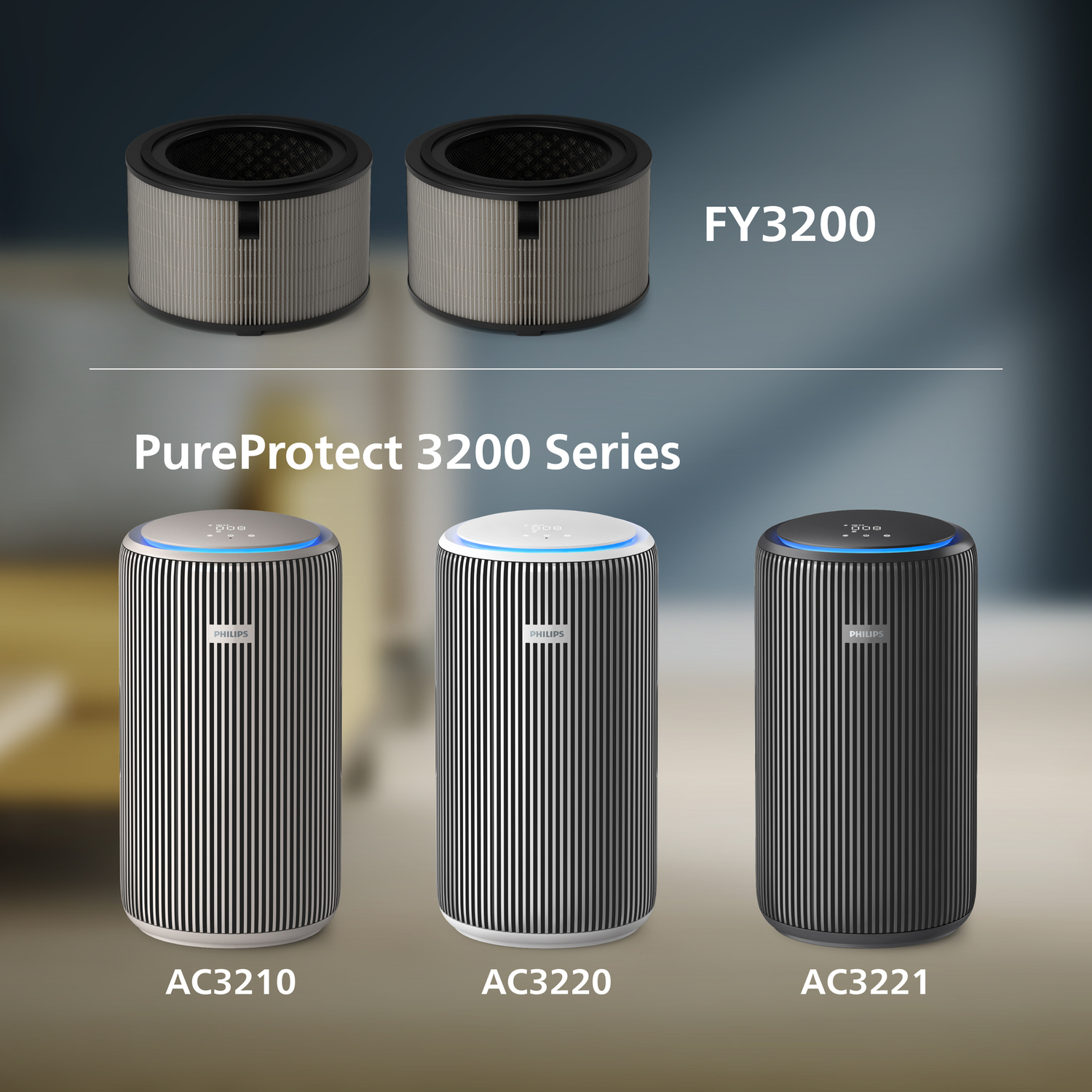 Three air purifiers. White, black and white. Text: PureProtect 3200 Series, and model names.