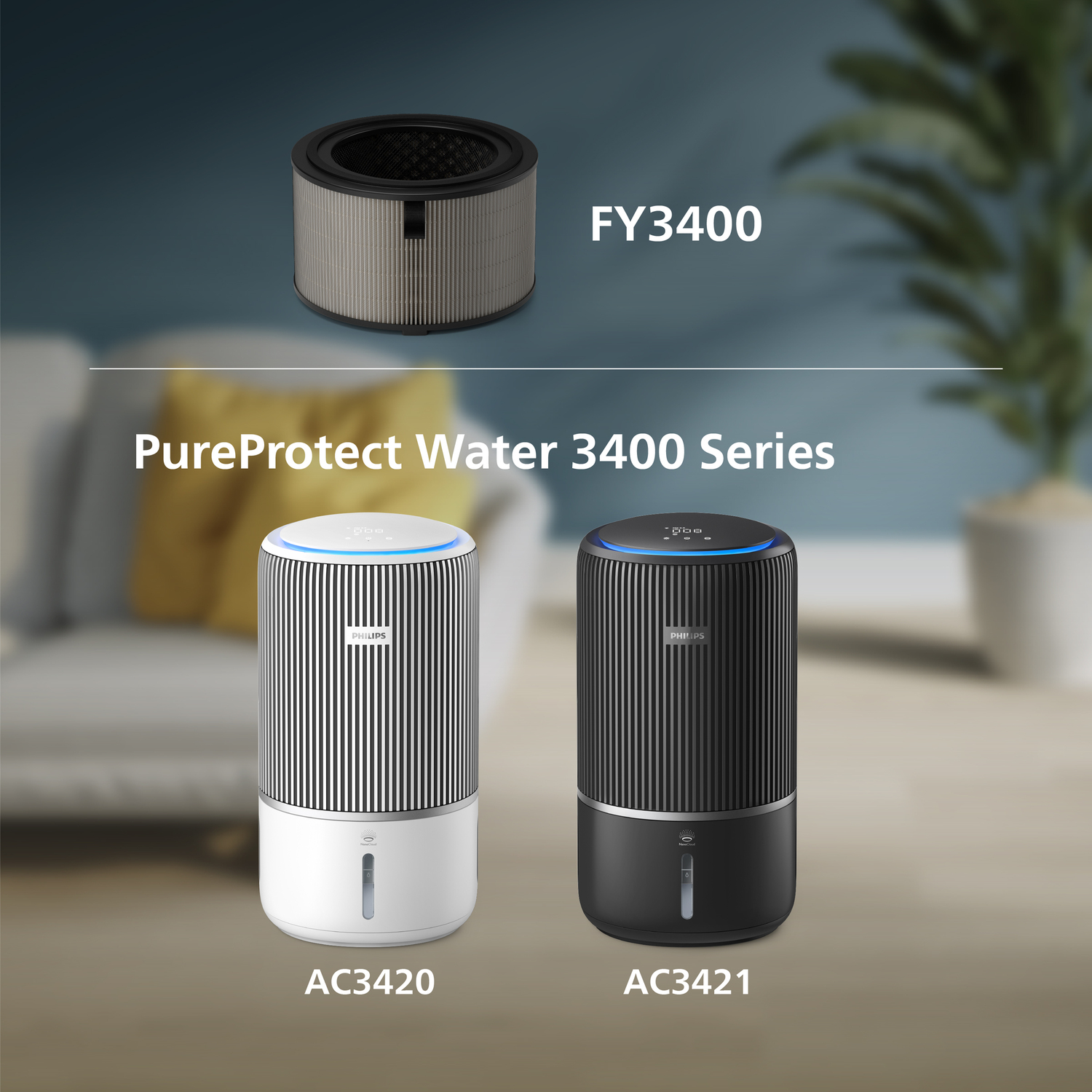 Two air purifiers with a filter in the background. One white, one black with text 'PureProtect Water 3400'.