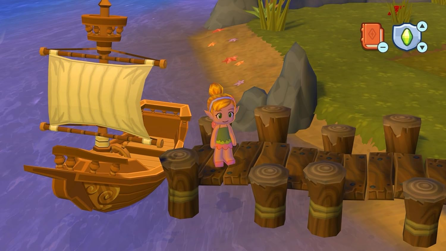 Un personaje de dibujos animados en un muelle de madera junto a un pequeño bote, con un paisaje estilizado de fondo.