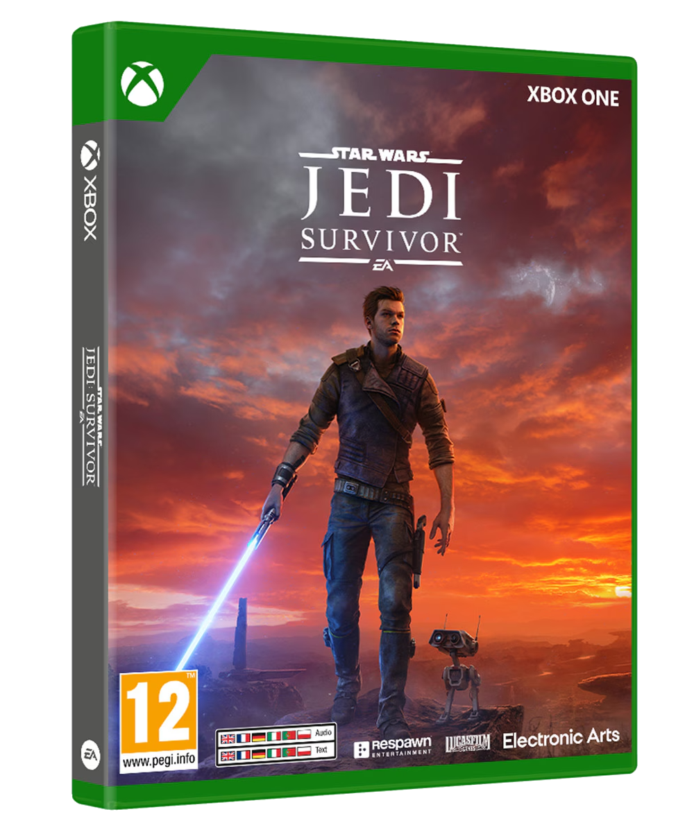 Portada del juego Star Wars Jedi Survivor. Un hombre con un sable láser en un atardecer.
