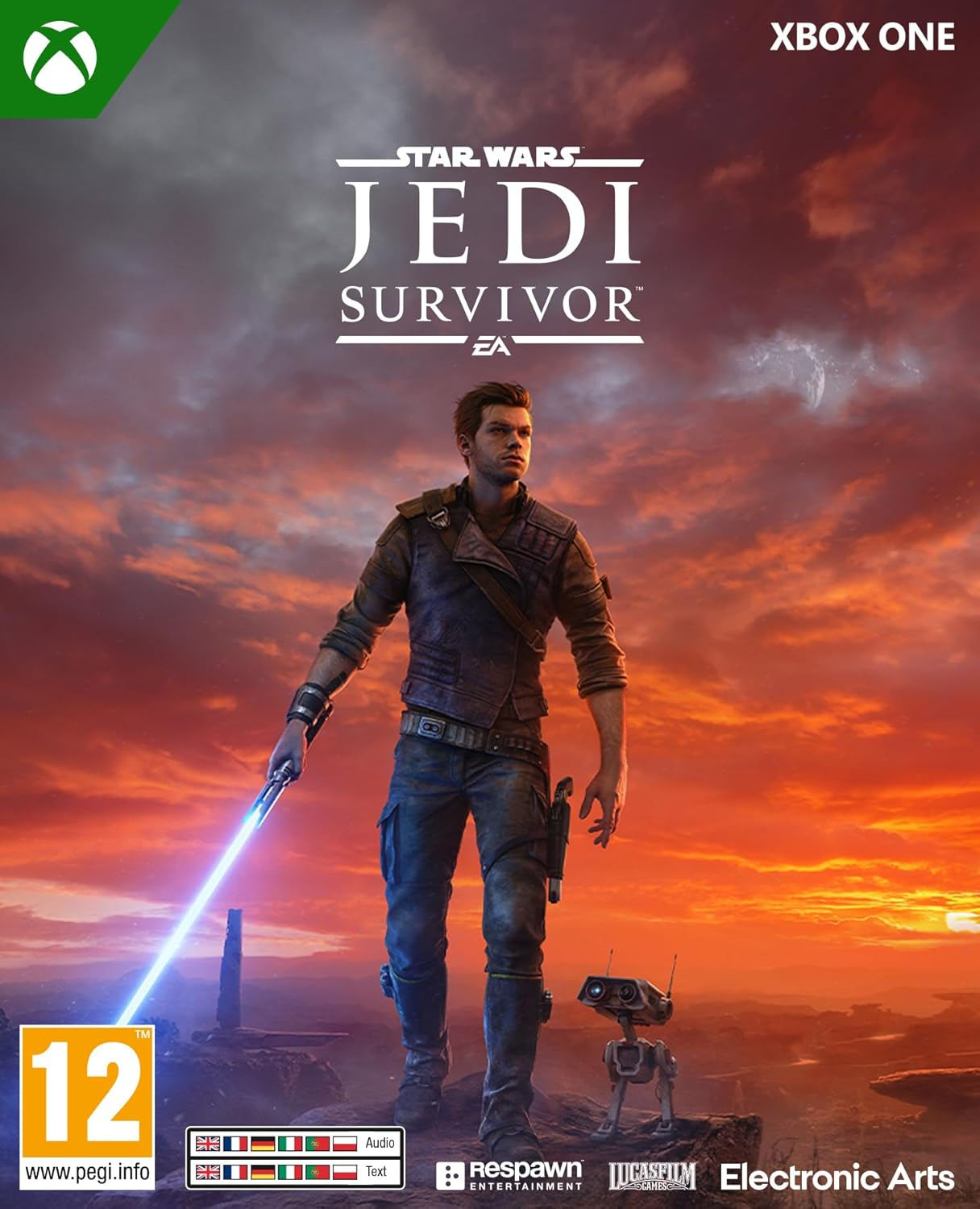 Portada del juego Star Wars: Jedi Survivor, presenta a un hombre con sable de luz y un droide, con fondo de fuego.