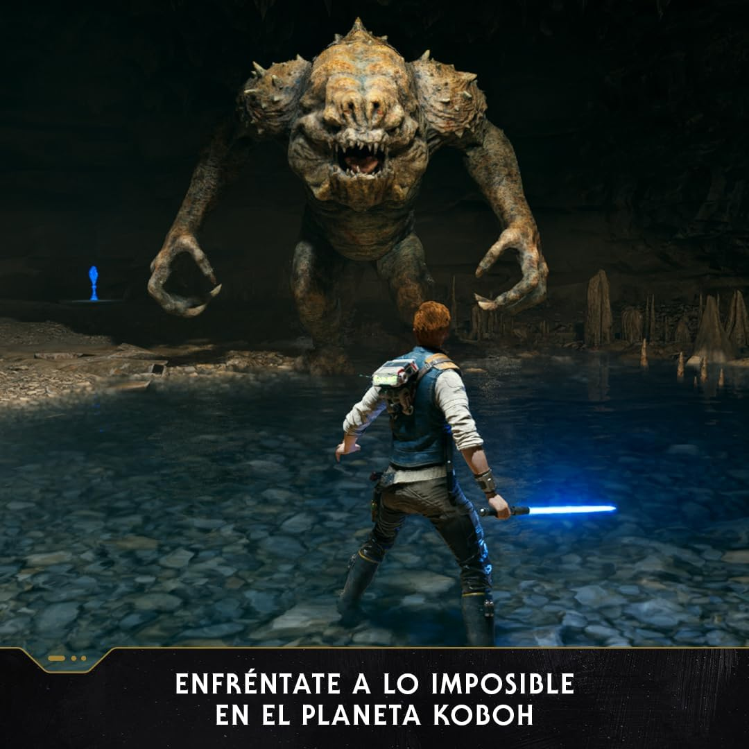 Escena de videojuego con un personaje enfrentándose a un monstruo en una cueva con agua, texto: Enfréntate a lo imposible.