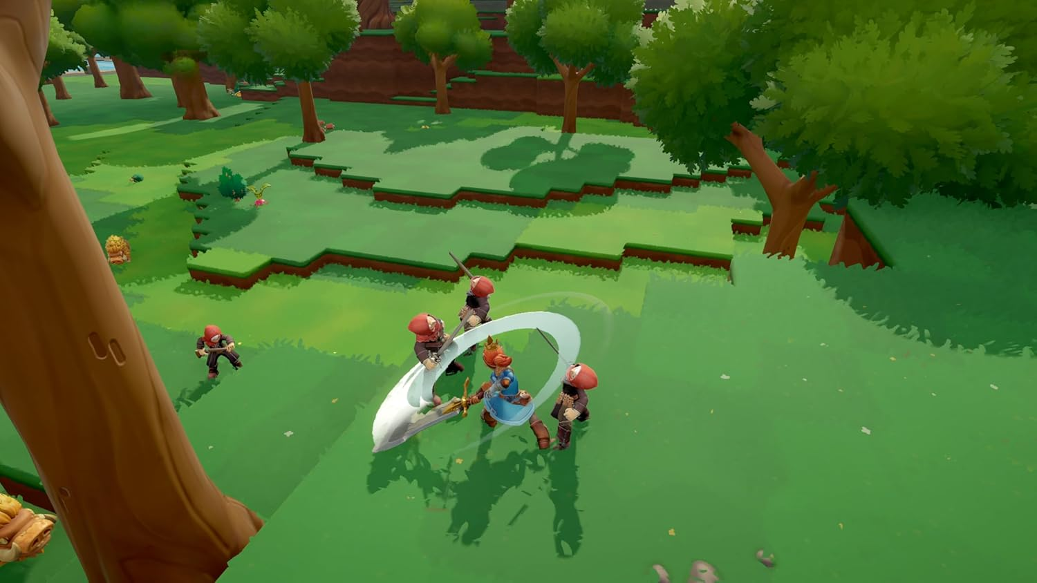Una escena de dibujos animados con varios personajes luchando con espadas en un campo verde con árboles.