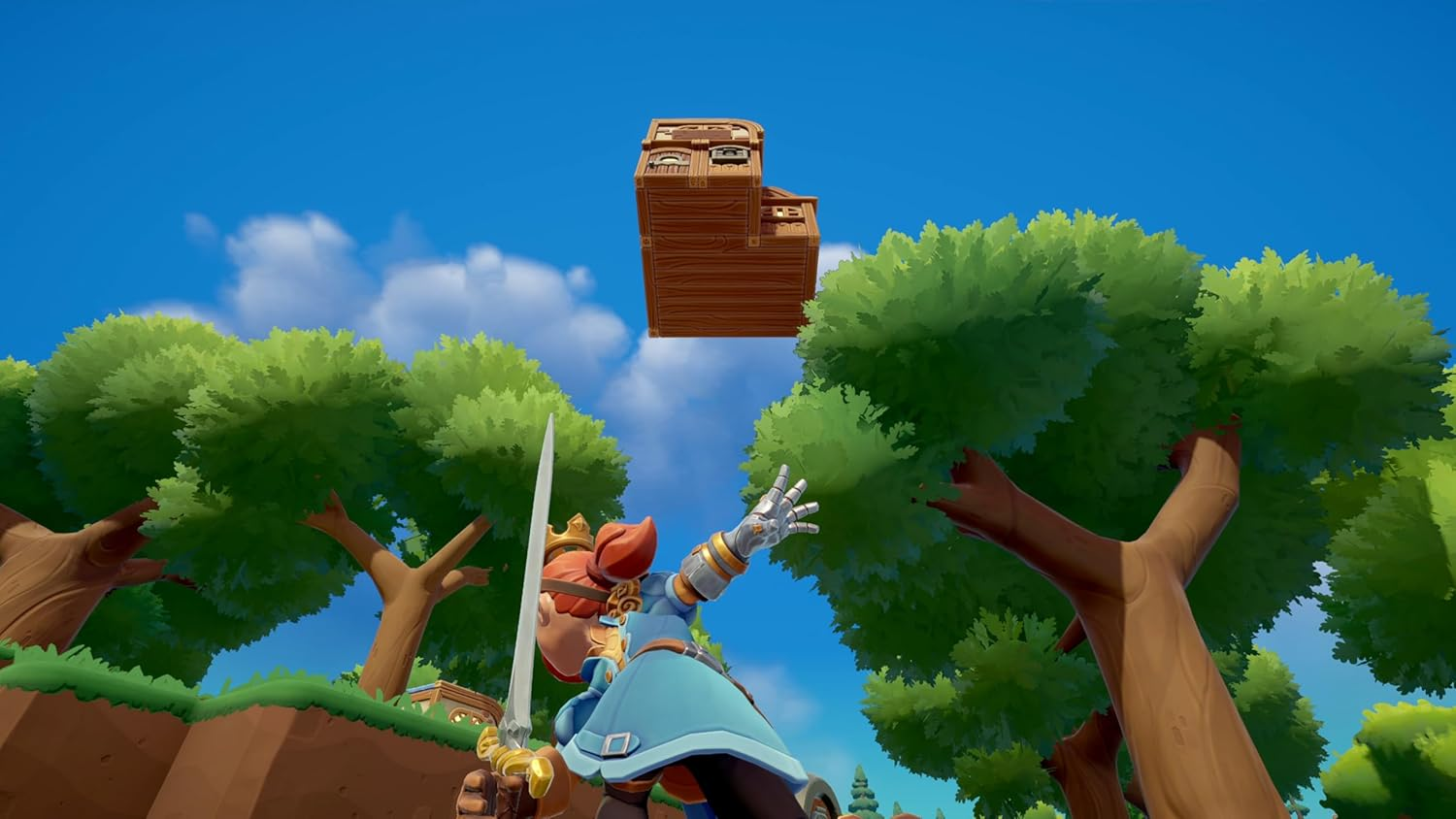 Un personaje de caballero de dibujos animados con una espada mirando hacia arriba a una estructura de madera flotante.