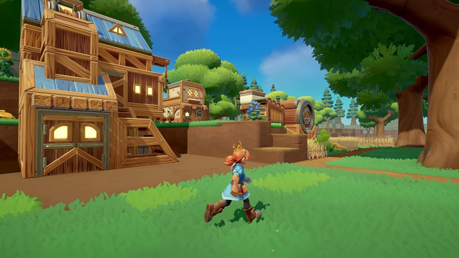 Personaje de dibujos animados corriendo por una escena de pueblo con edificios de madera, hierba verde y cielo azul.