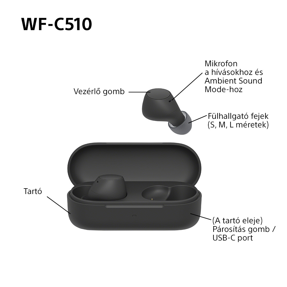 Fülhallgatók és tok. Diagram feliratok: vezérlőgomb, mikrofon, fülhallgató hegyek, párosító gomb, USB-C port.