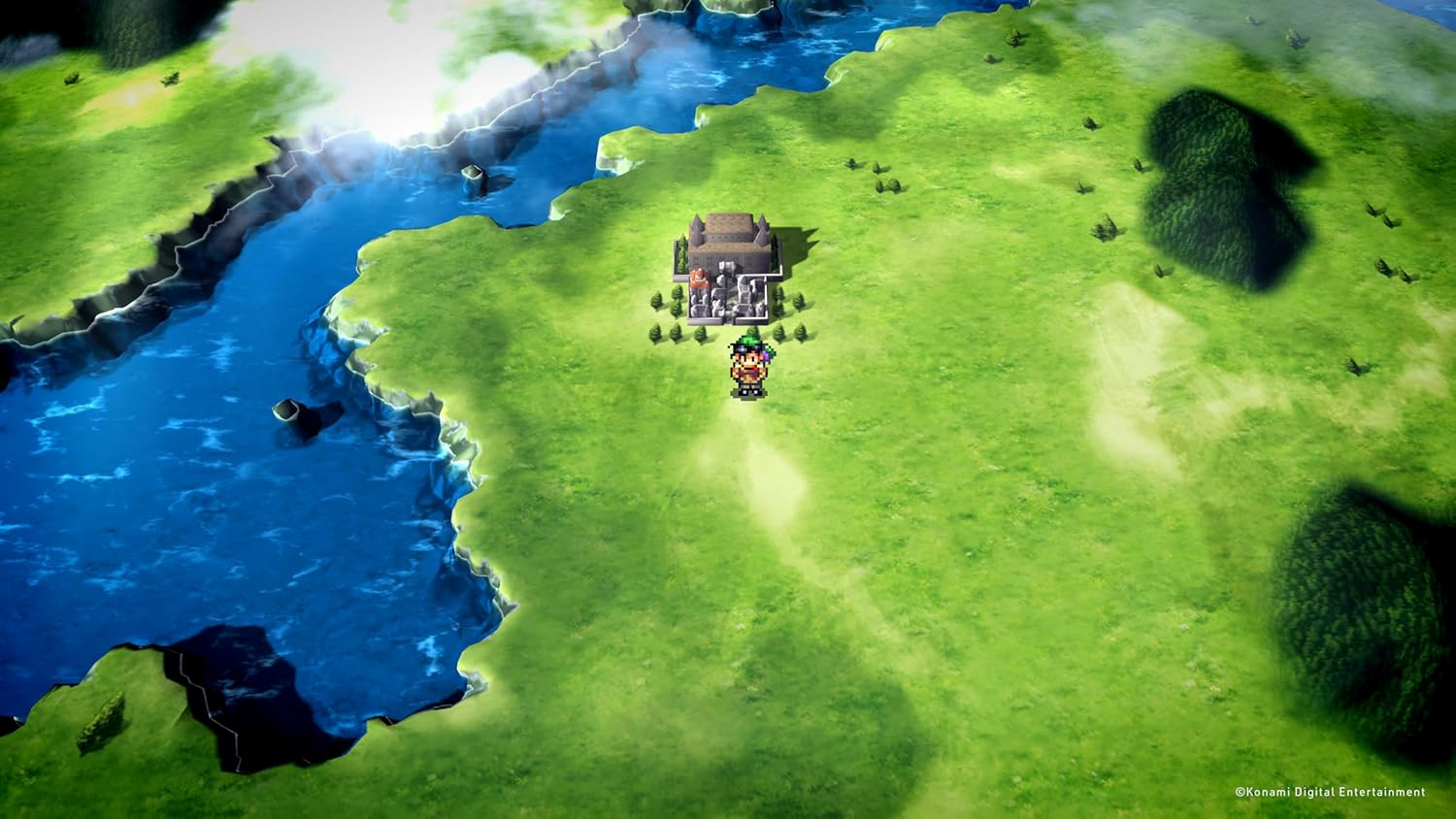 Paisaje de videojuego, con personaje en campo cerca de río.