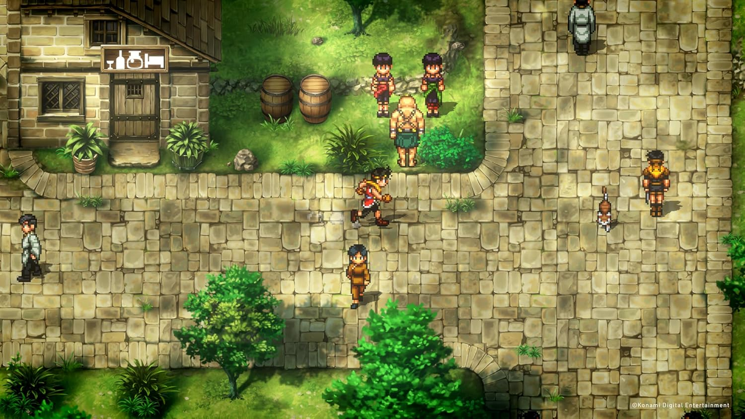 Pixel art de un pueblo con gente caminando por calles adoquinadas.