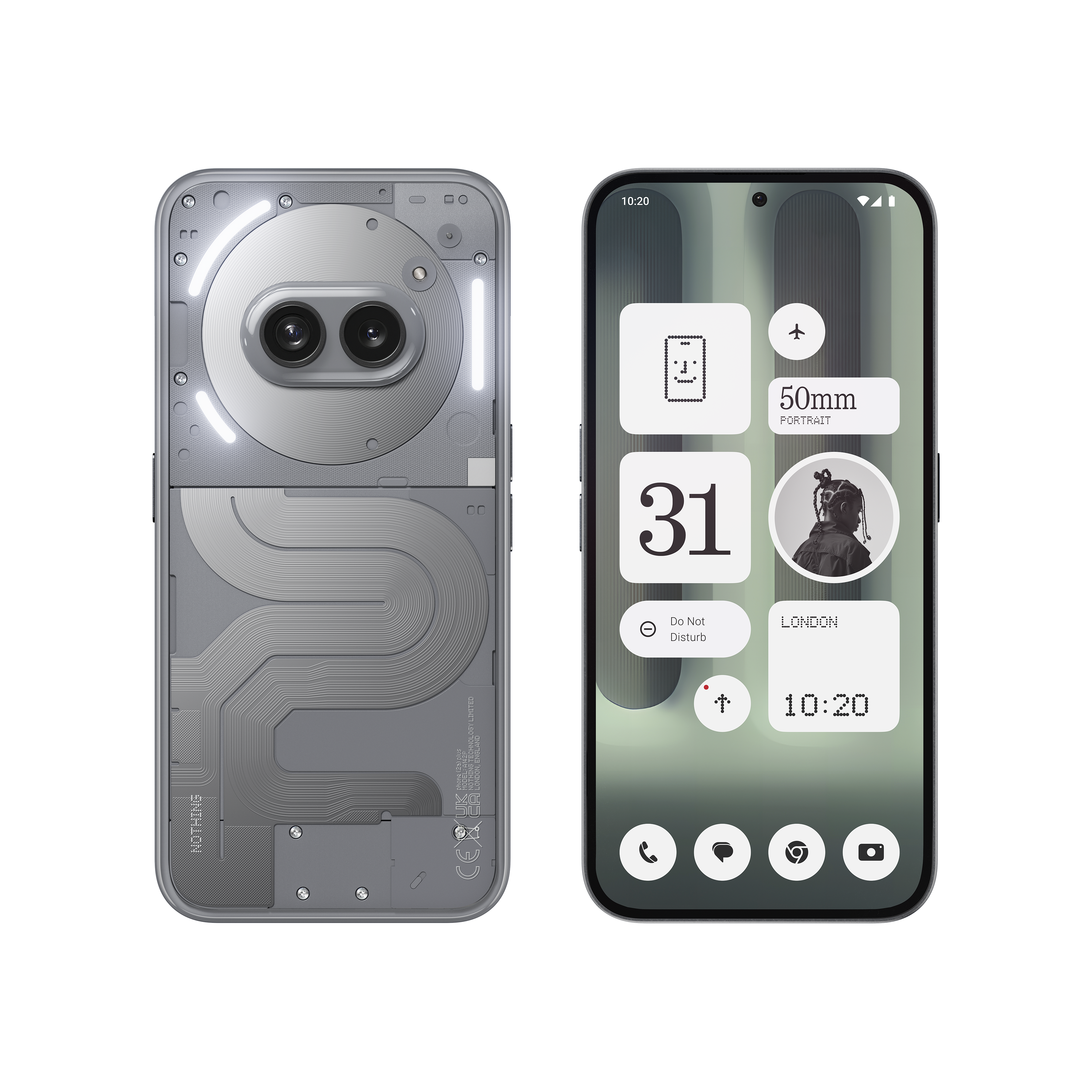 Teléfono Nothing de dos lados. La parte trasera tiene cámaras, la delantera tiene un widget con fecha, hora e iconos.