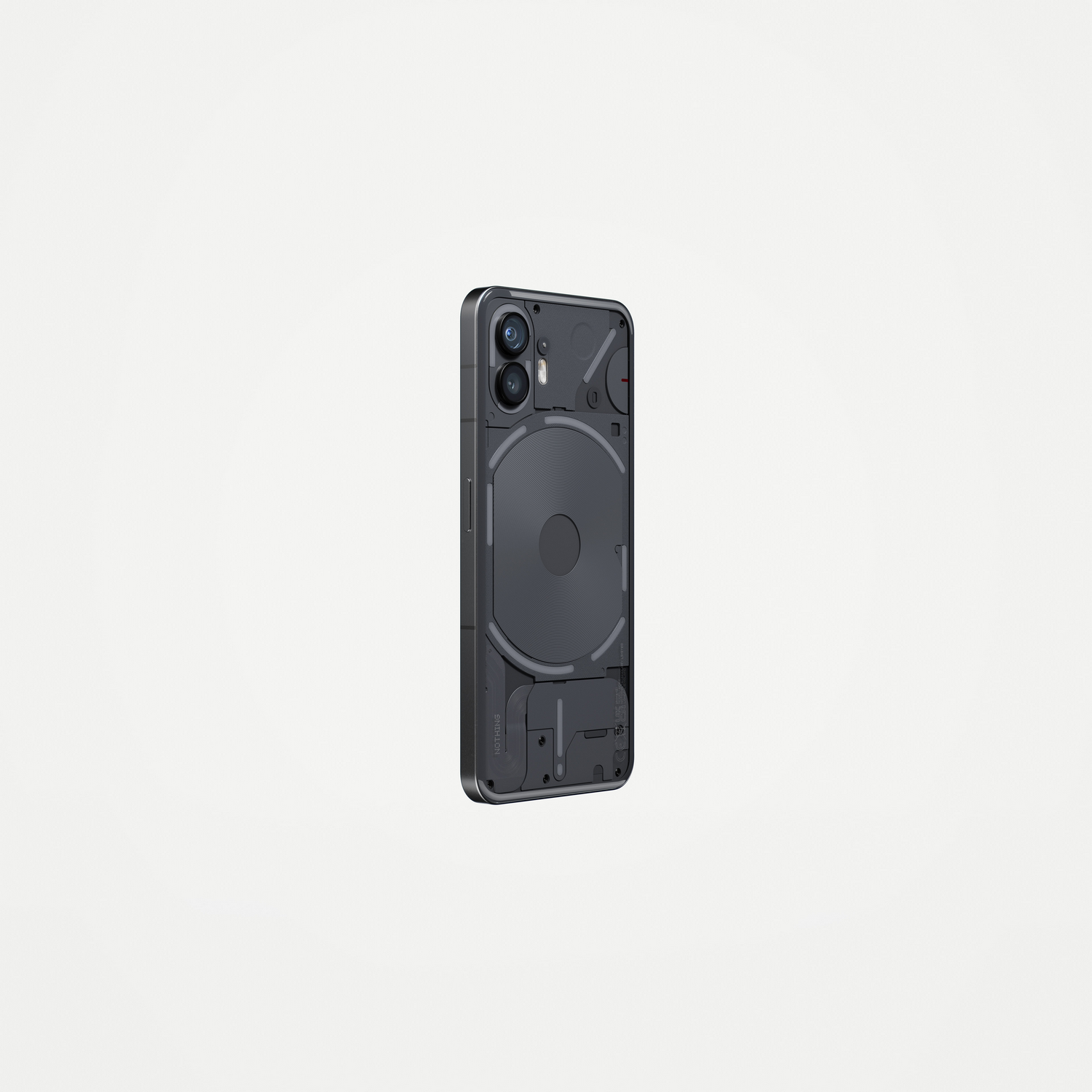 Un teléfono negro con una parte trasera transparente. Tiene dos cámaras y un elemento de diseño circular.