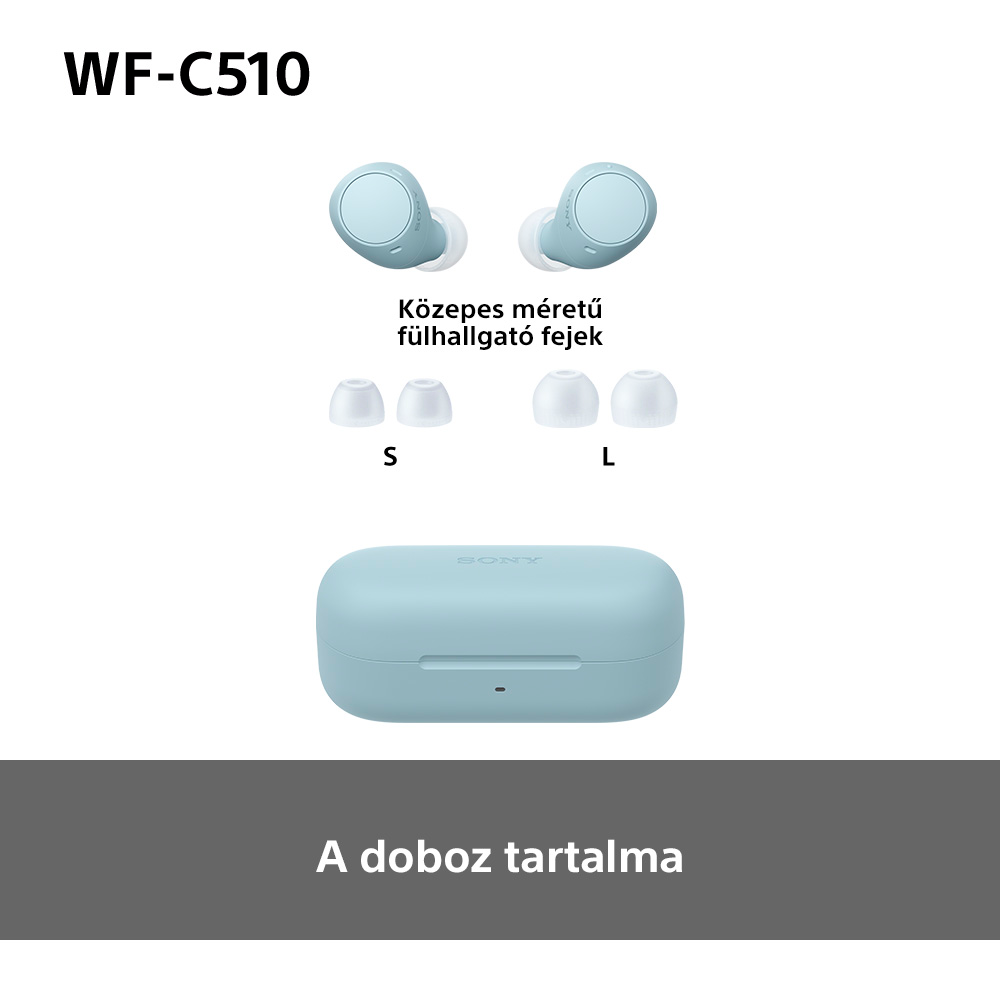 Kék fülhallgatók és tartozékok egy tokban, magyar felirattal. Fehér háttér.