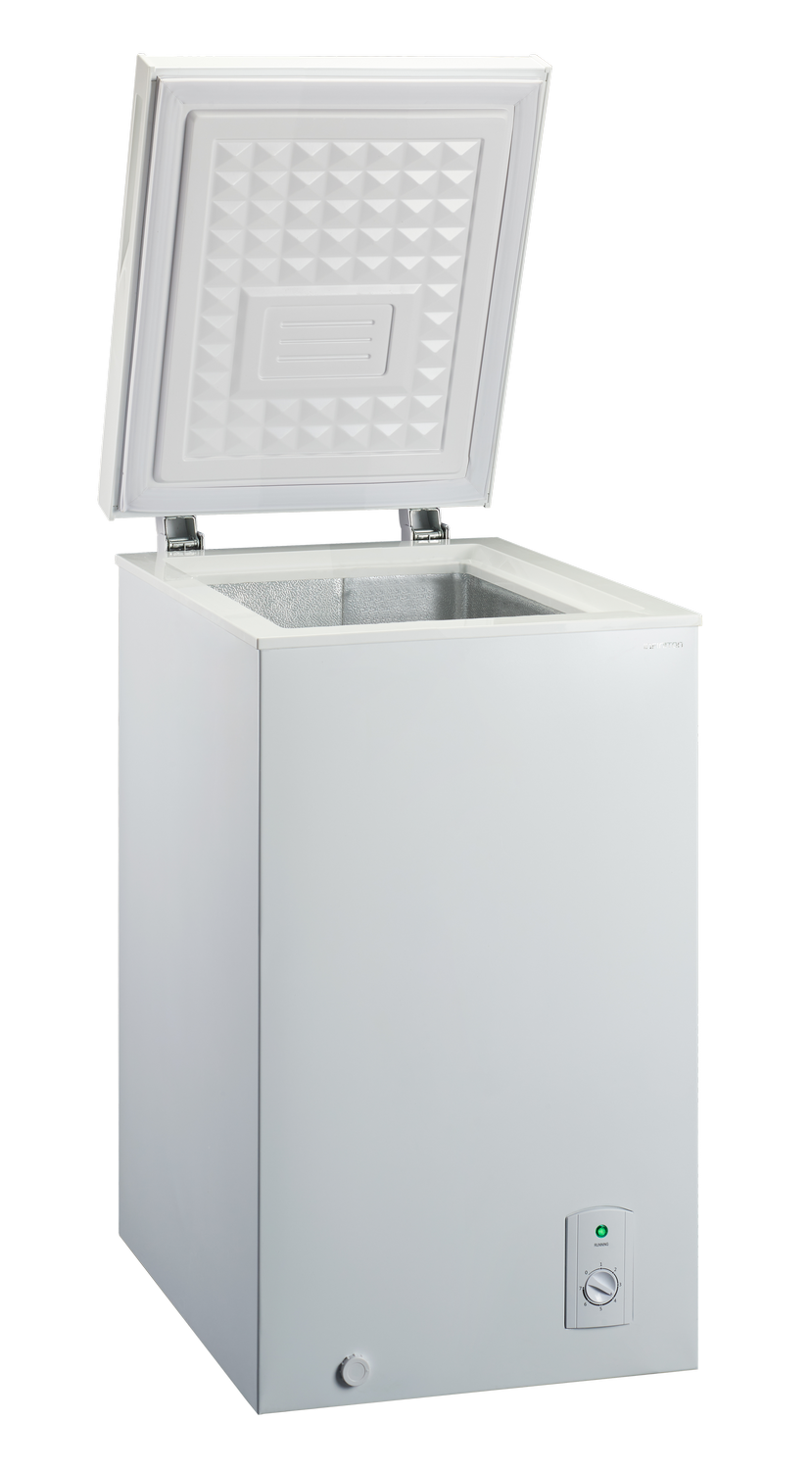 Congelador blanco con la puerta abierta. El interior es visible.