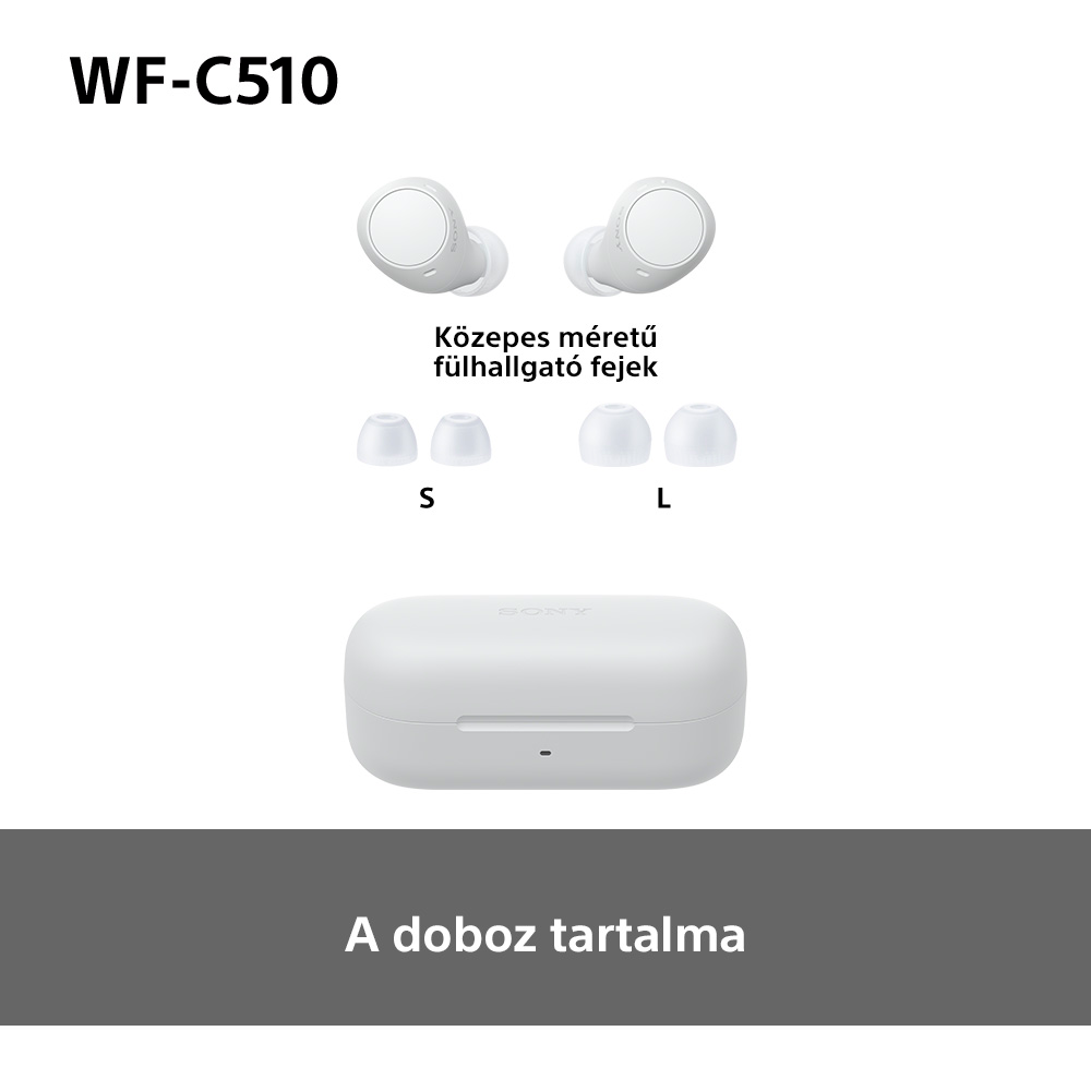 Fehér fülhallgató készlet: két fülhallgató, három füldugó és egy töltőtok. A szöveg 'WF-C510' és 'A doboz tartalma'.