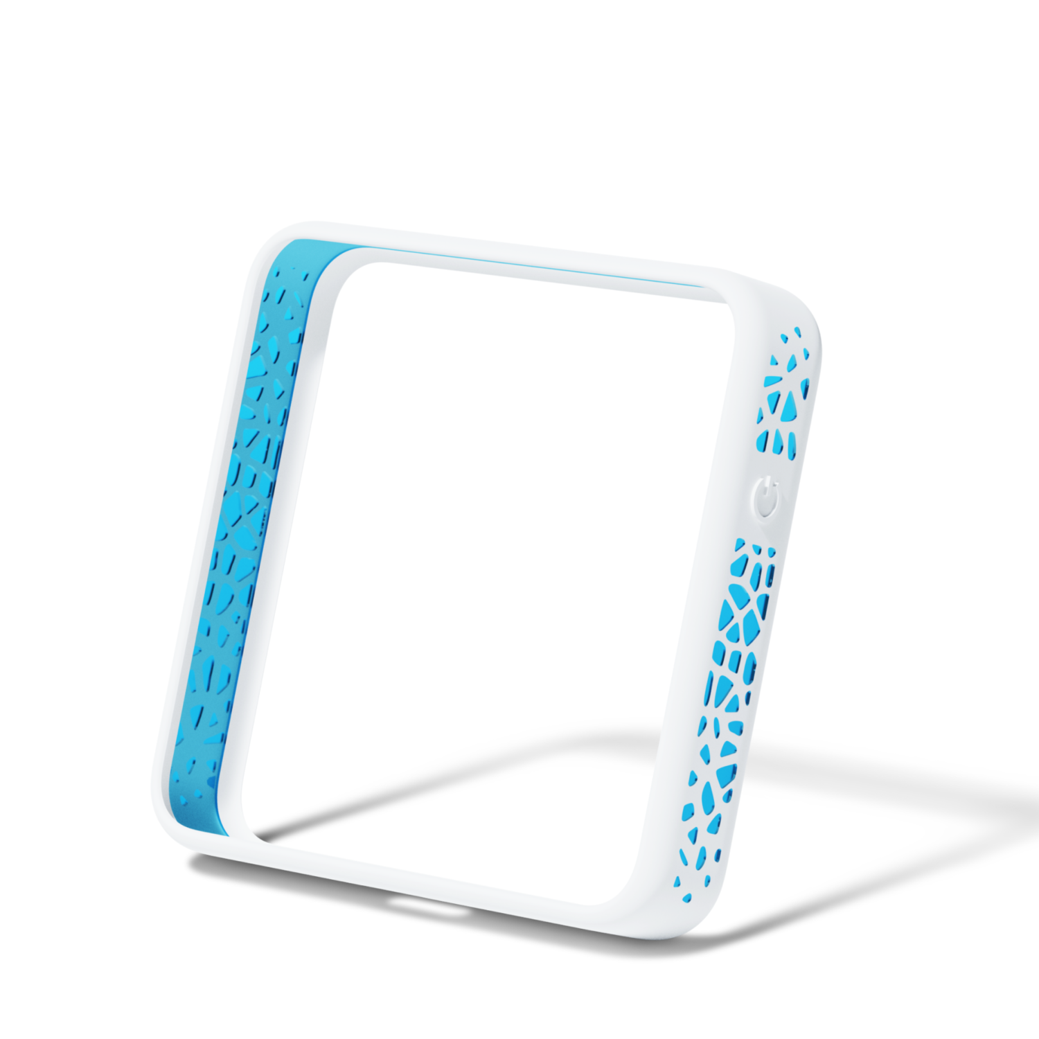 Een witte telefoonhoes met blauwe accenten. De hoes heeft een geometrisch patroon en uitsparingen.