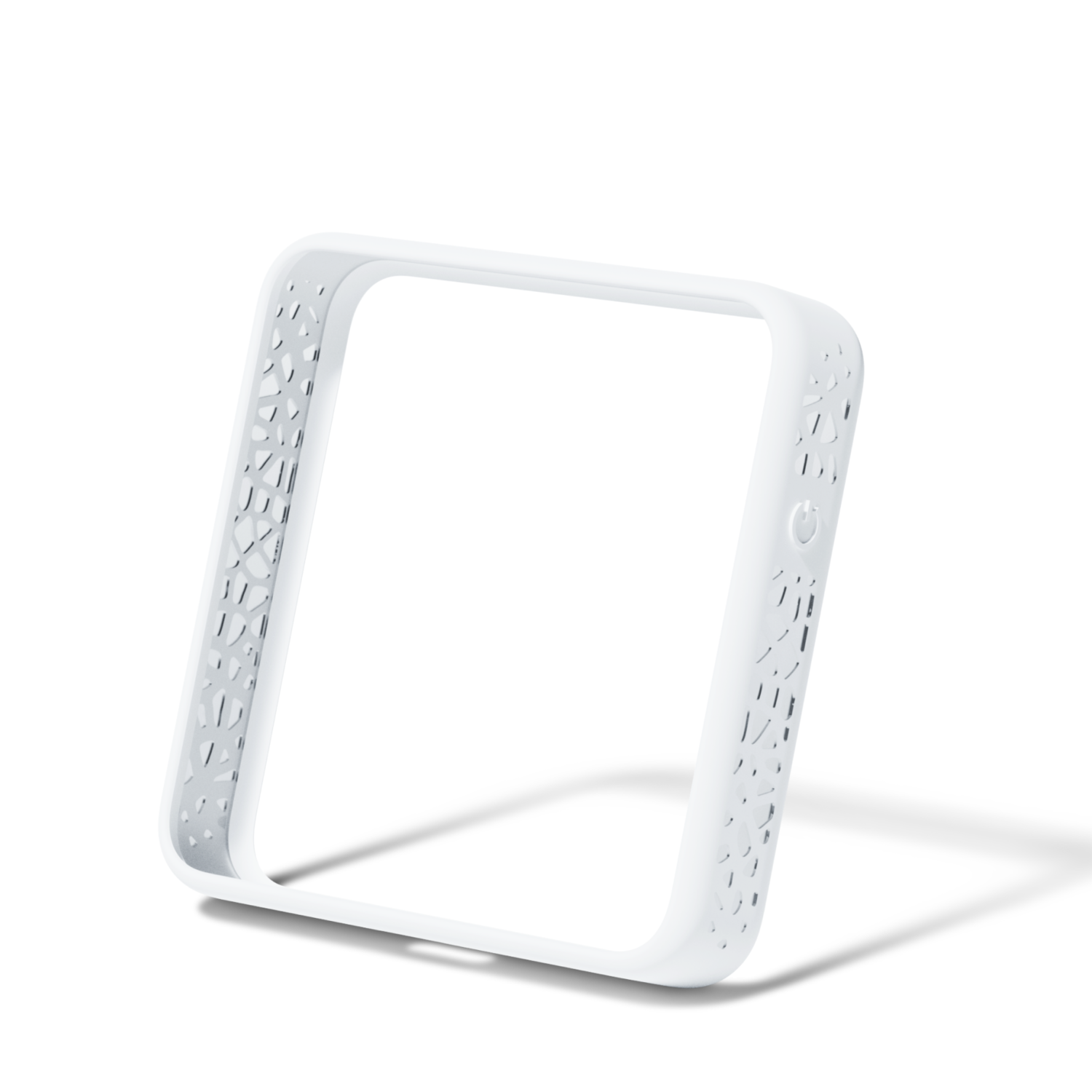 A white, hollow, rectangular frame with decorative cutouts, isolated on a white background.