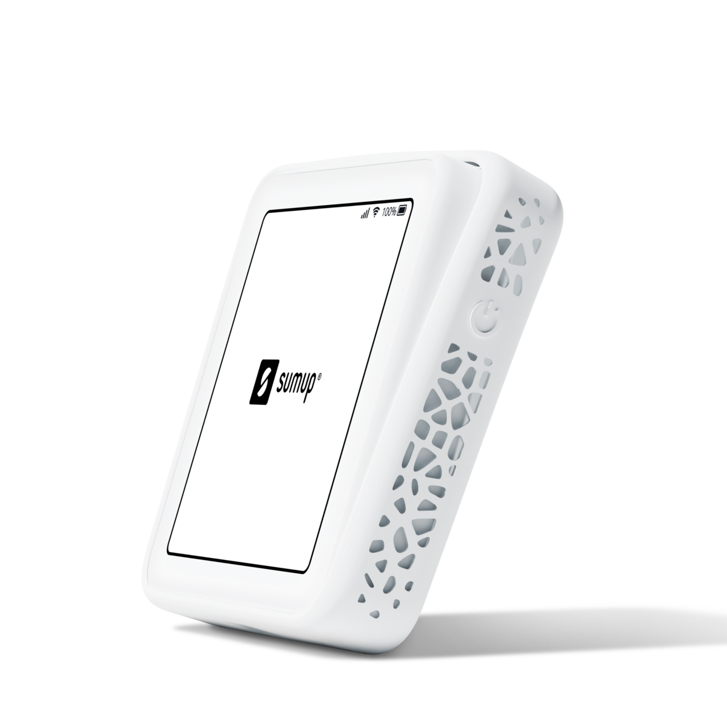 White payment terminal with a screen displaying the SumUp logo. Side has patterned design and power button.
