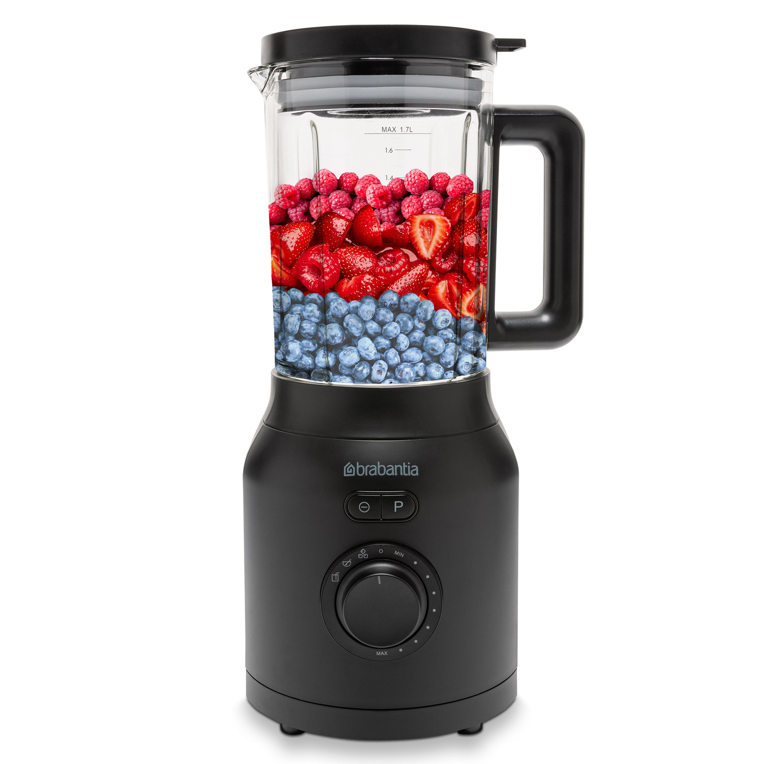 Zwarte blender met glazen pot vol bessen.