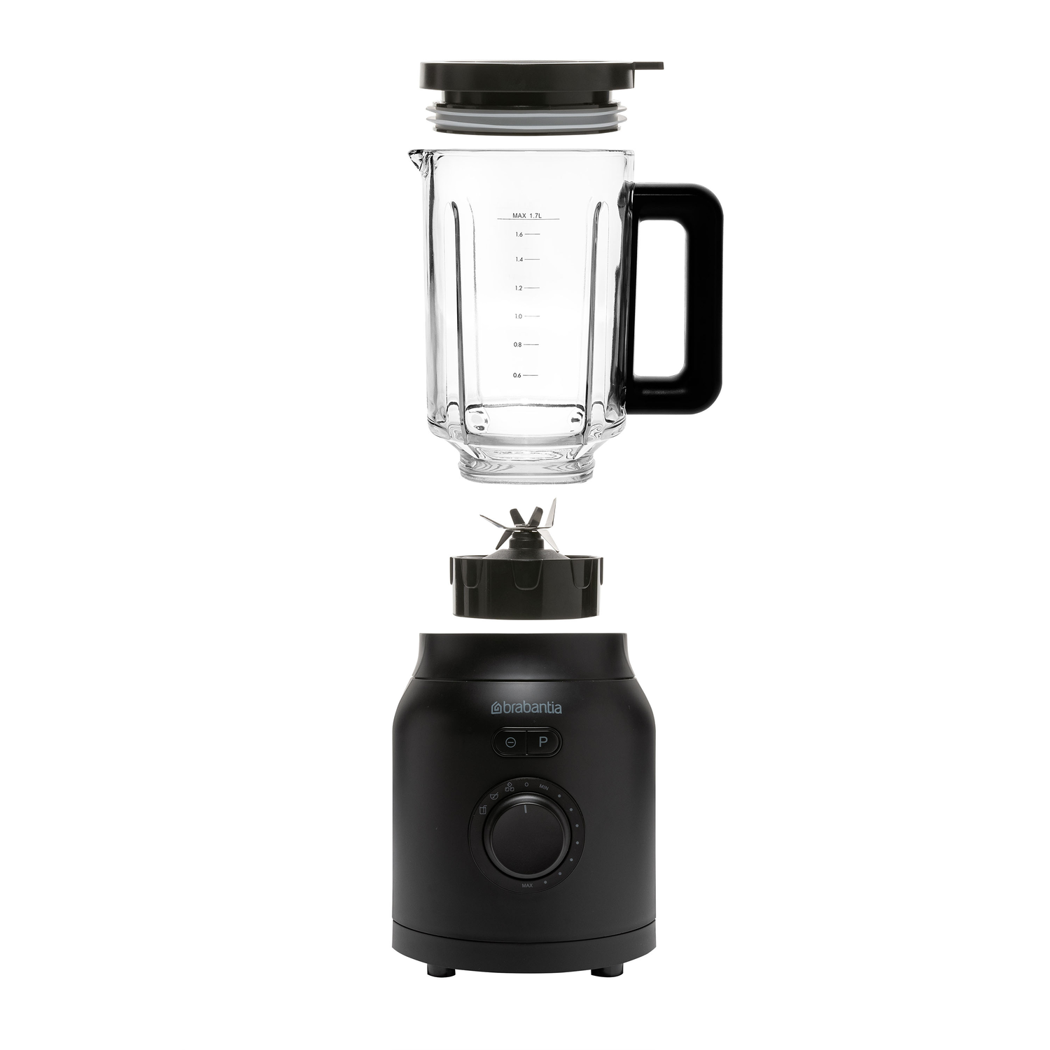 Zwarte blender gedemonteerd. De onderdelen omvatten een glazen kan, mes en basis met bedieningsknop.