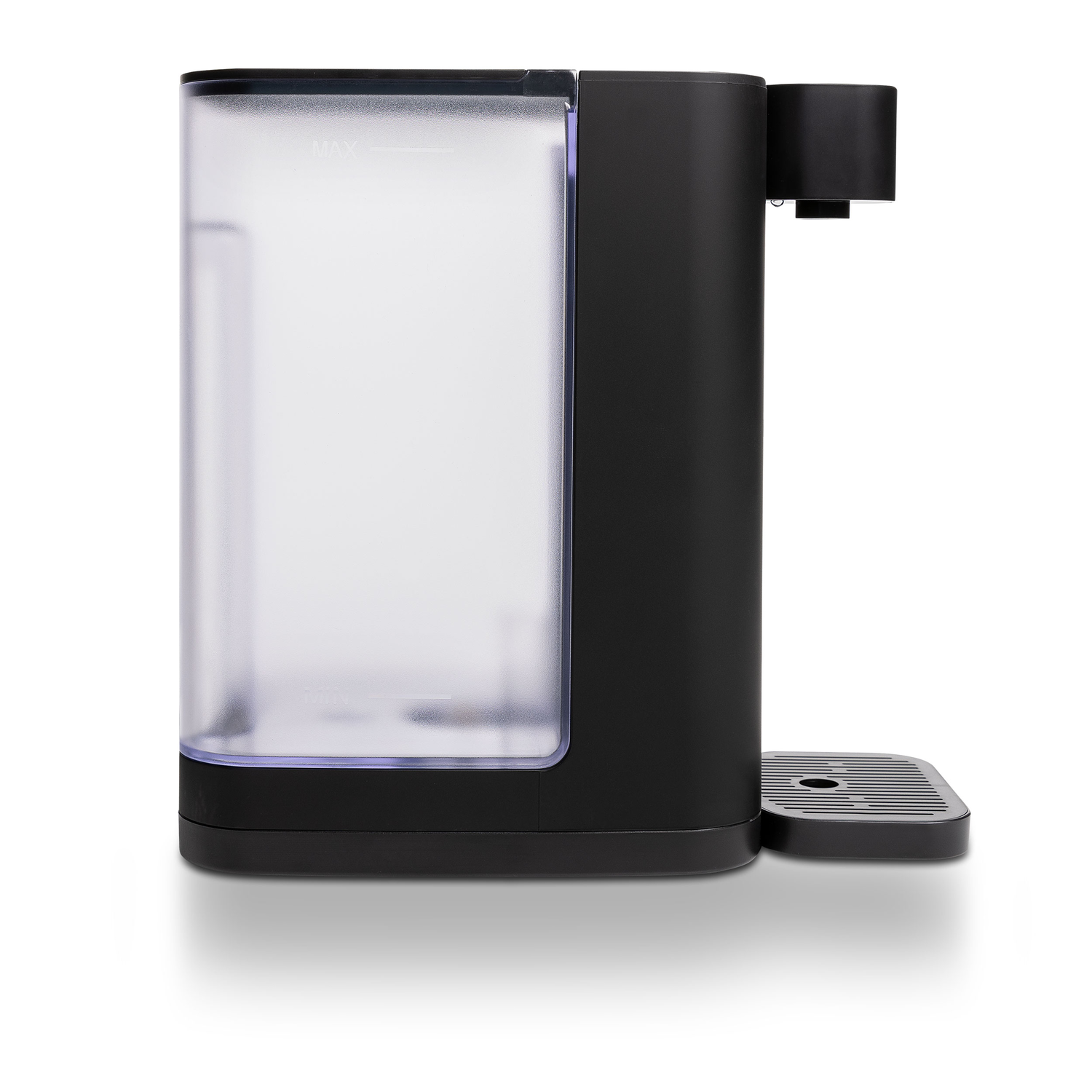 Black water dispenser with a transparent water container on the left.