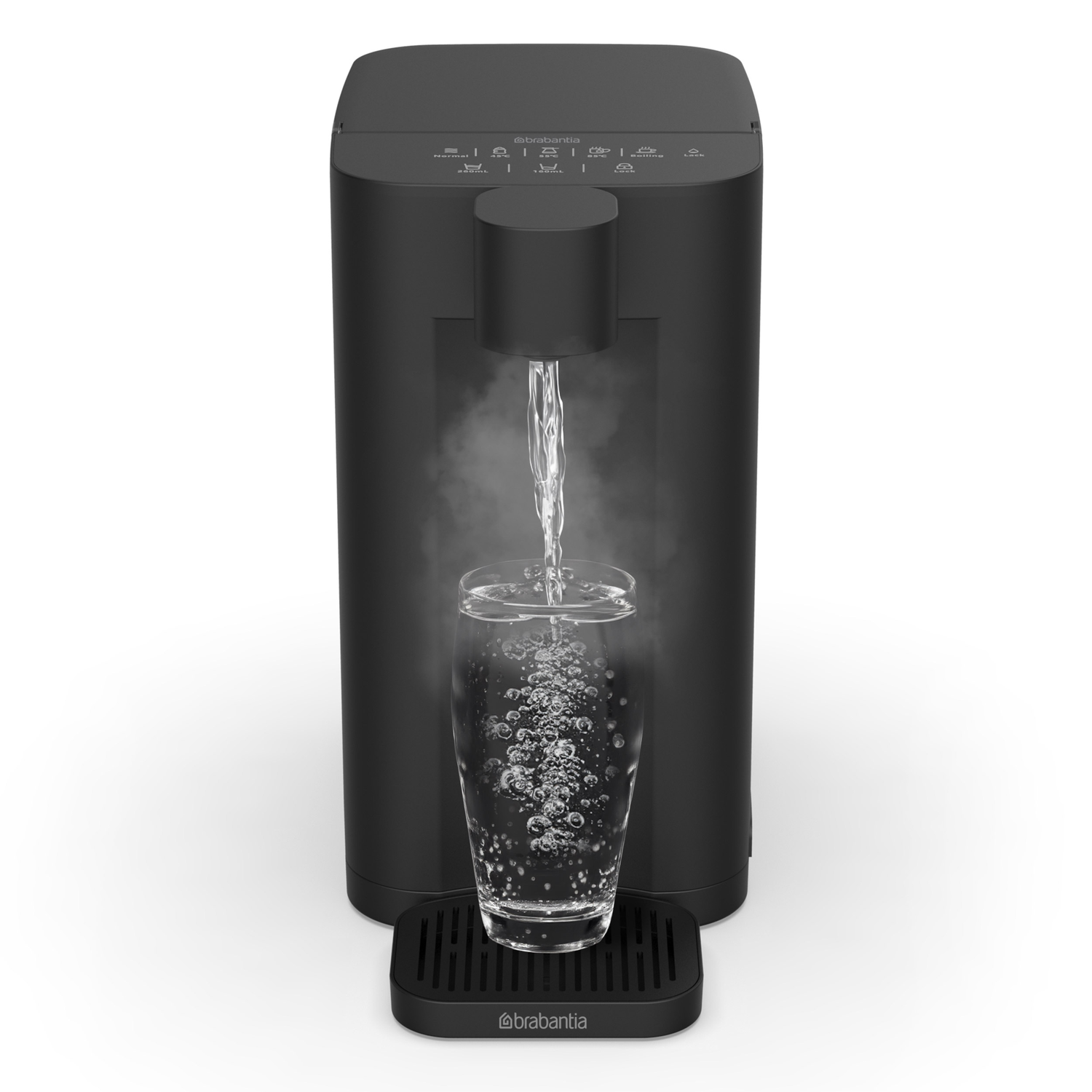 A black Brabantia water boiler dispensing water into a glass.