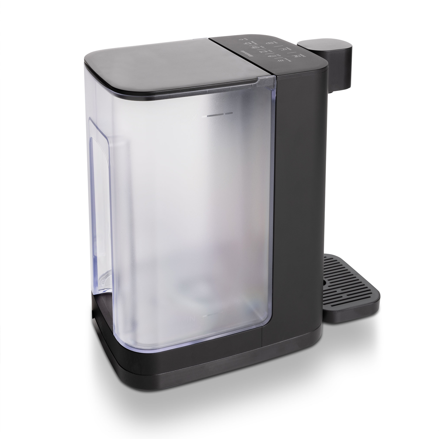 Black coffee maker with a transparent water tank and a black spout.