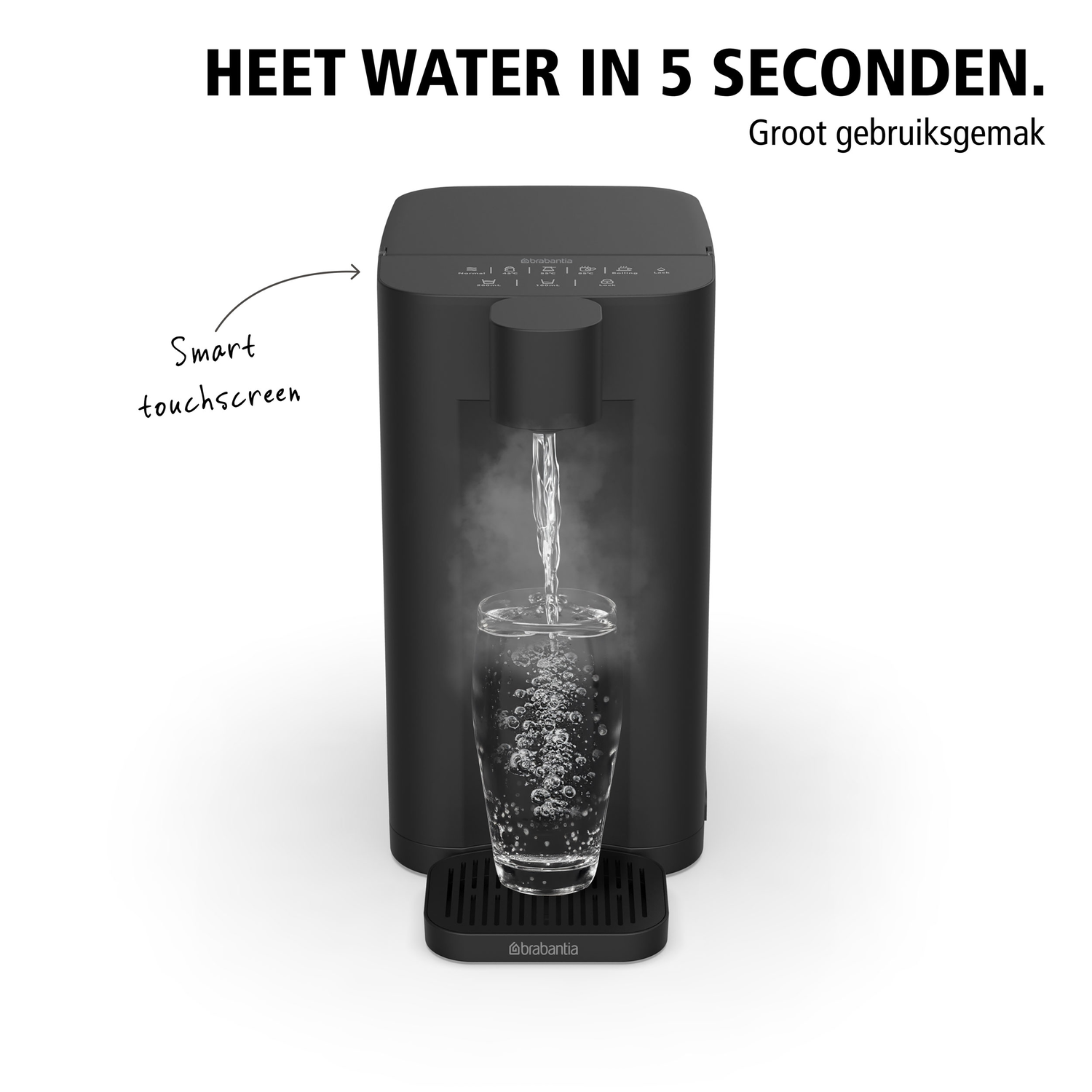 Black water boiler dispensing water into a glass, smart touchscreen, white background.
