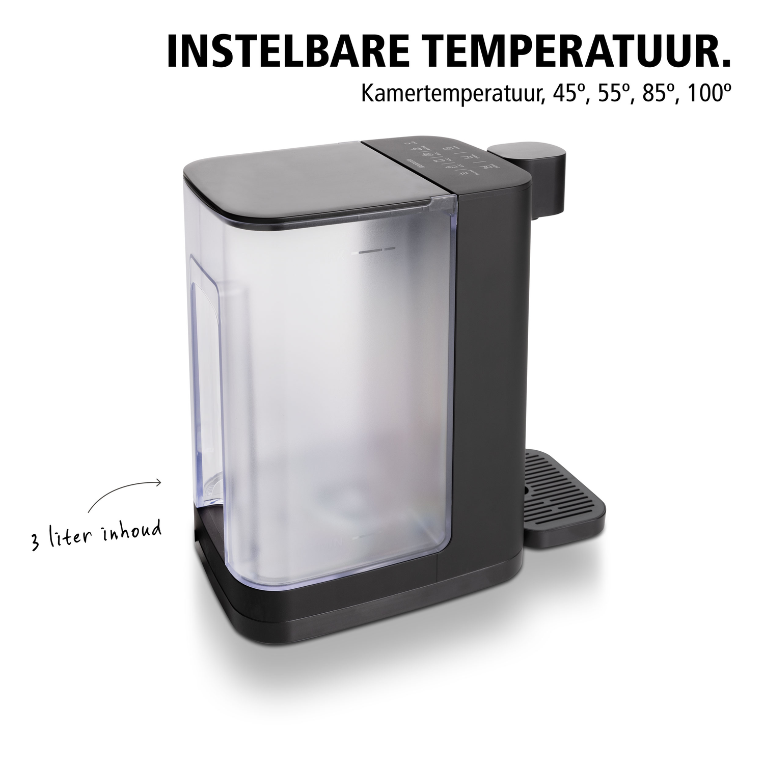 Black appliance with a transparent water tank, with temperature settings on top.