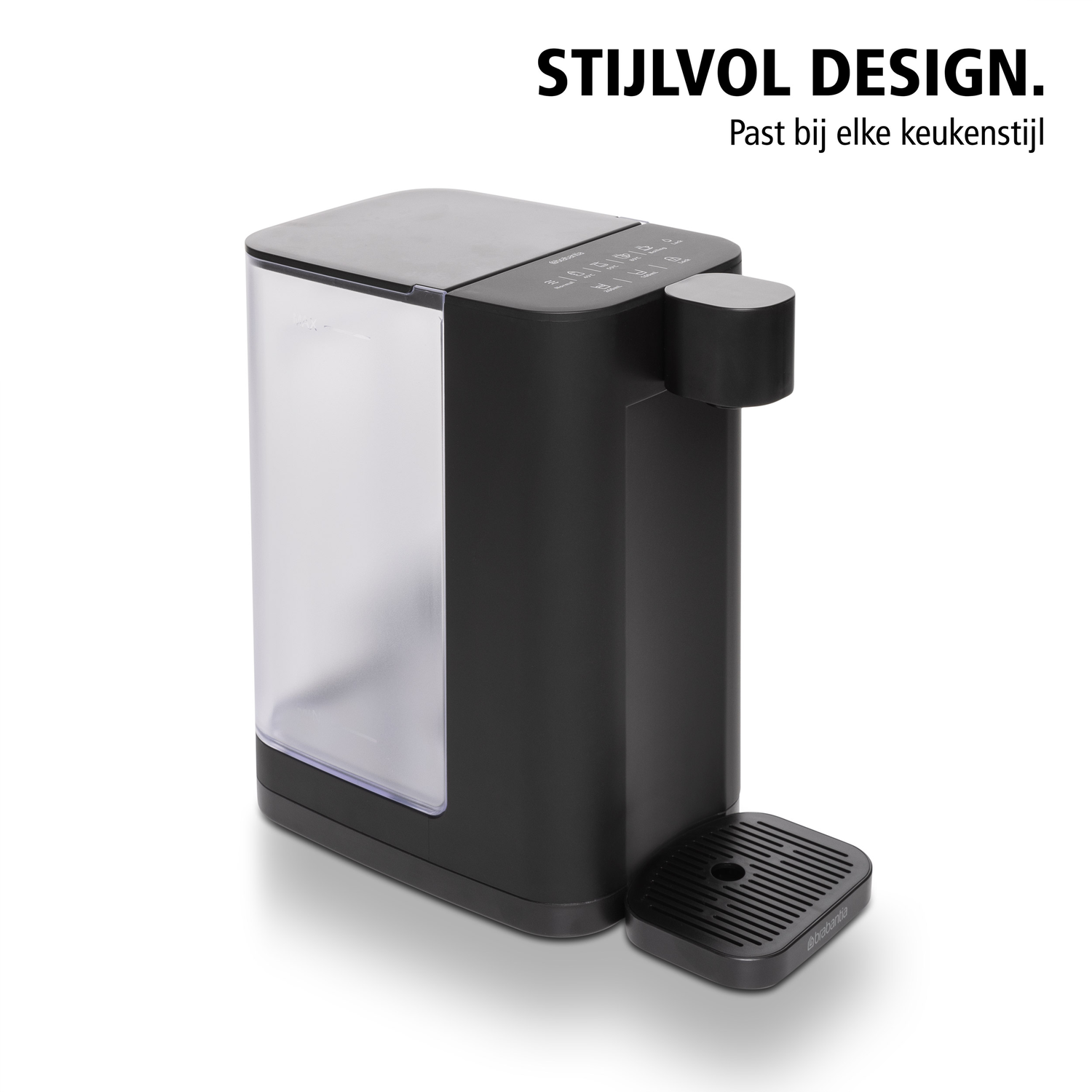 A stylish black water dispenser with a transparent water tank.