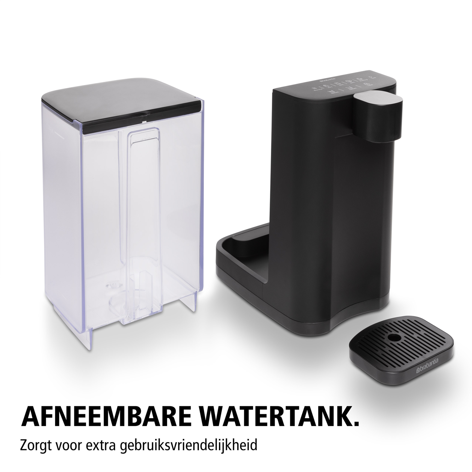 A black Brabantia water tank and a dispenser, with a tray below.