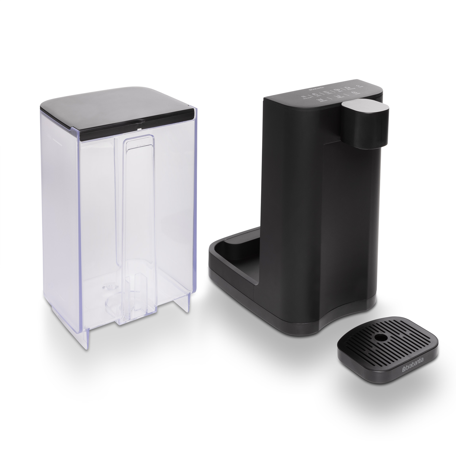 Black water dispenser with a transparent water reservoir, and a drip tray.