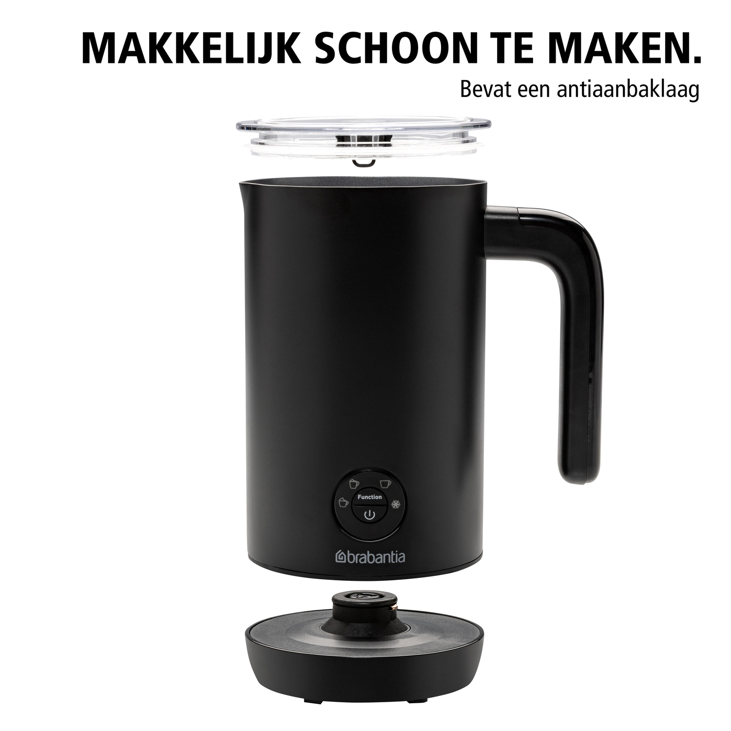 Zwarte melkopschuimer met afneembaar deksel en voet. De tekst zegt: makkelijk schoon te maken.