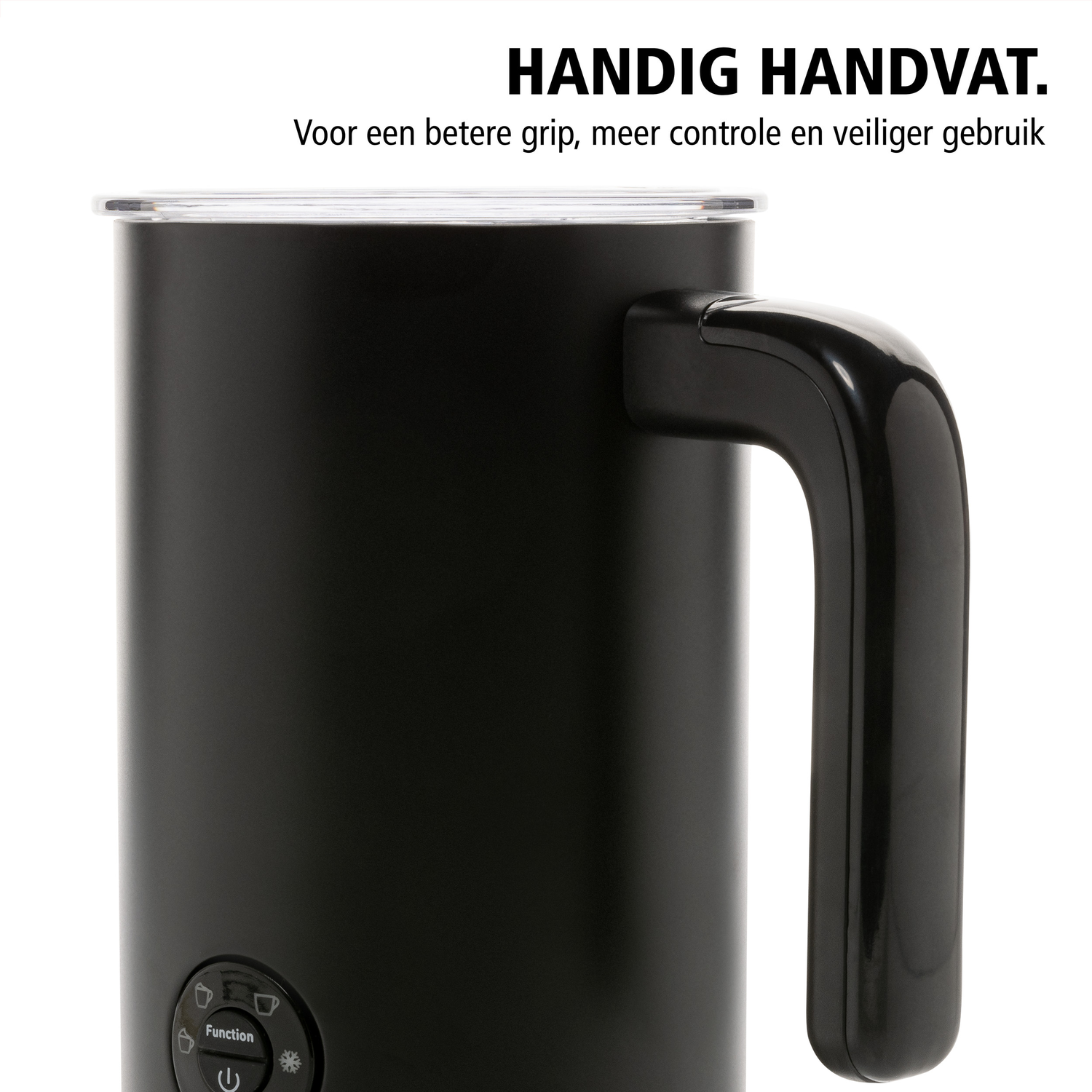 Zwarte melkopschuimer met zwarte handgreep en aan/uit-knop. Witte achtergrond.