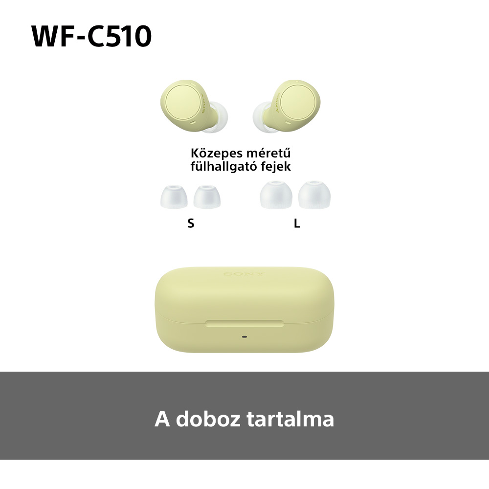 Sárga fülhallgatók, töltőtok és extra fülhegyek láthatók. Magyar szöveg: 'A doboz tartalma'.