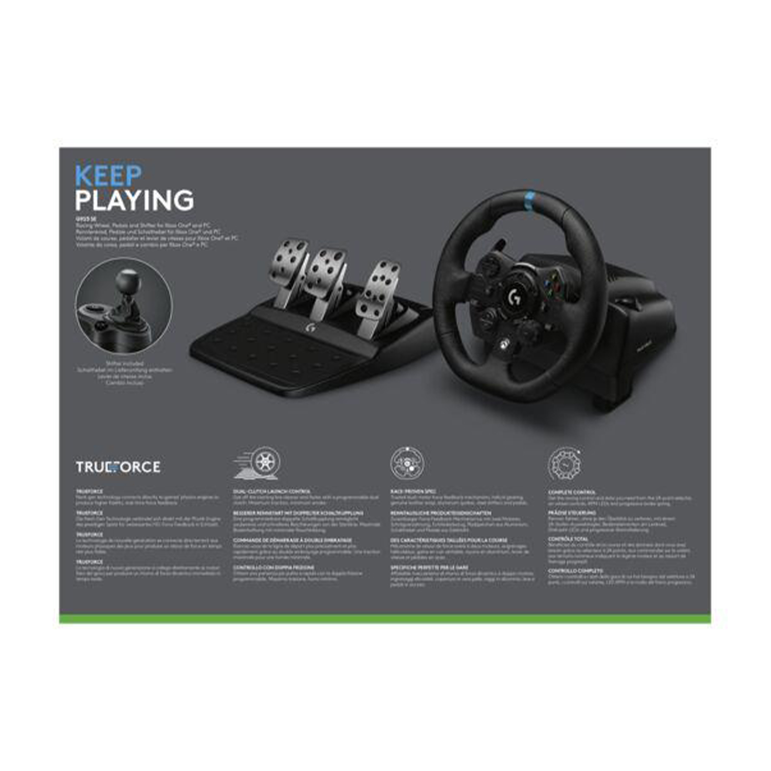 Volante Logitech, pedali e cambio. Nero e grigio, con pulsanti e indicatori.