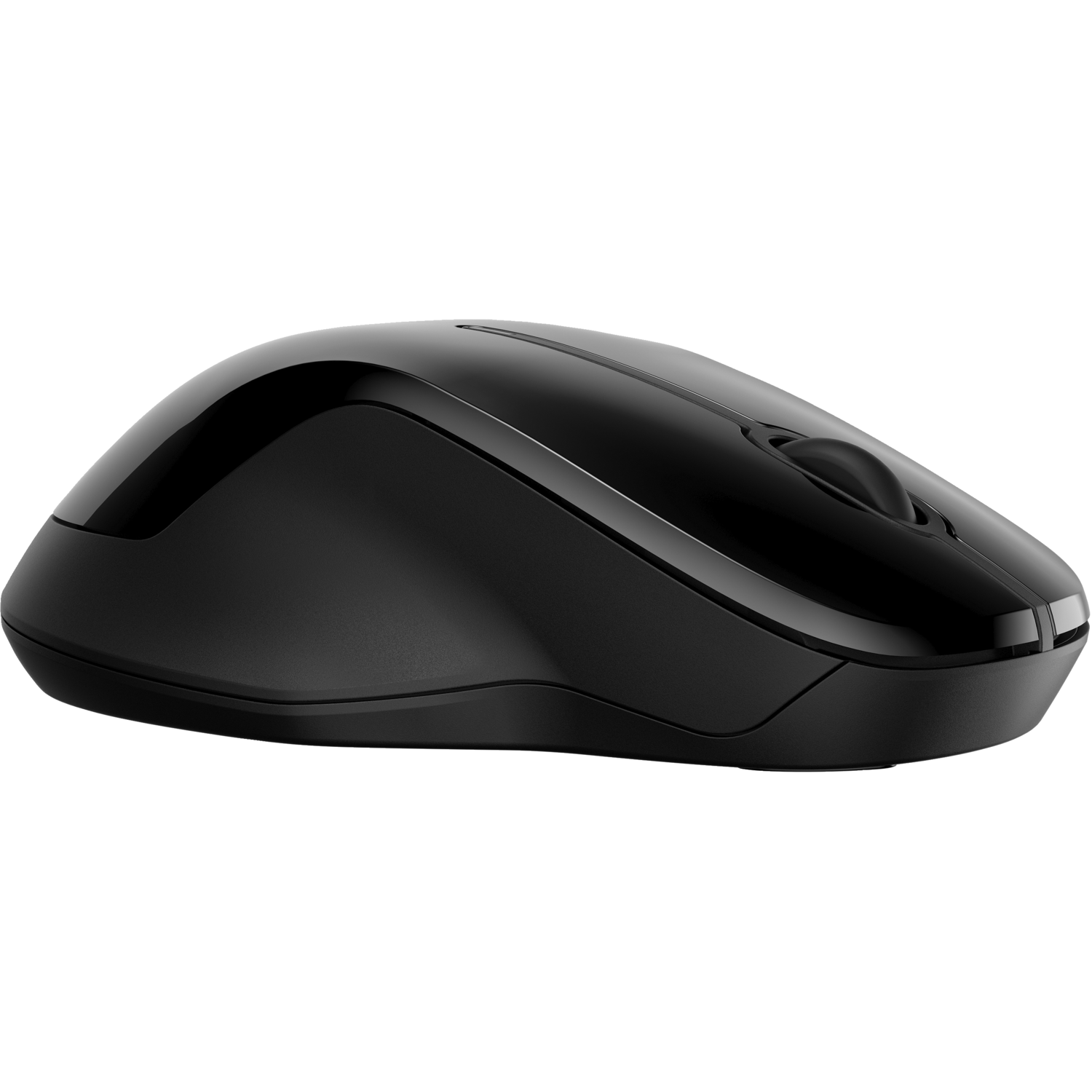 A black wireless mouse on a white background. It has a glossy finish and a scroll wheel.