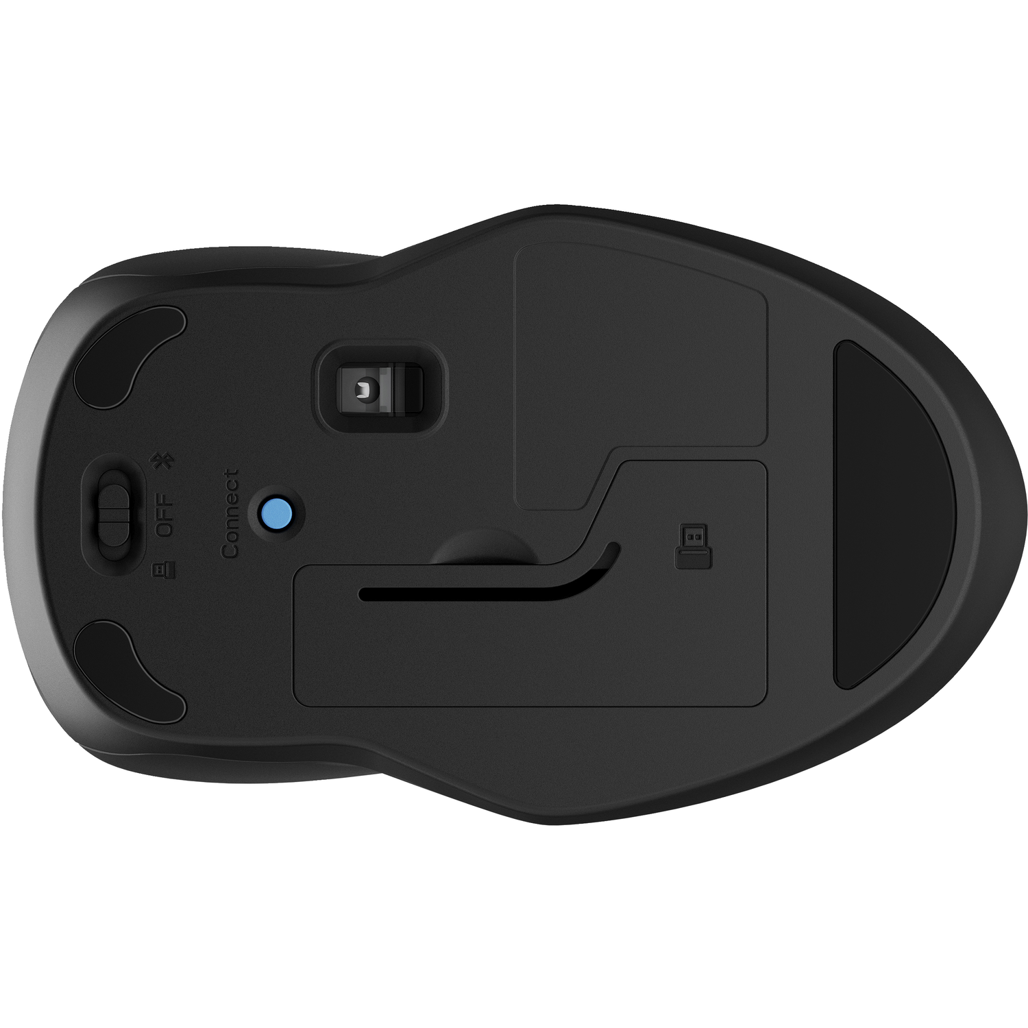 A black Logitech mouse from the bottom with a blue connect button.