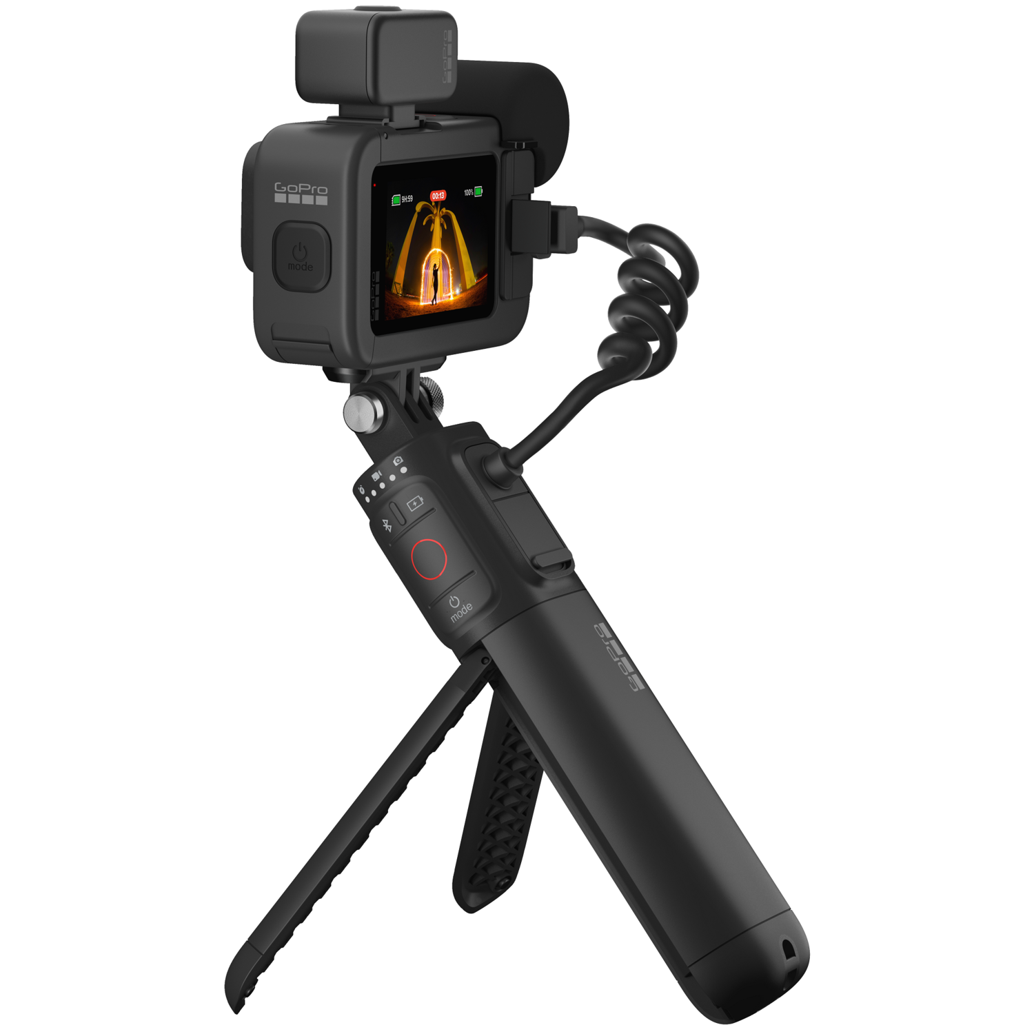 Een zwarte GoPro-camera met een scherm, gemonteerd op een statiefachtige handgreep met bediening.