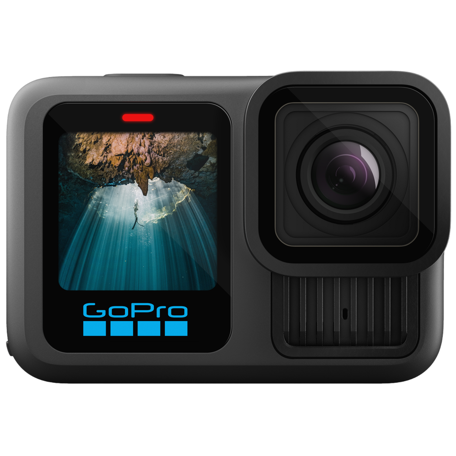 Zwarte GoPro-camera met scherm waarop een grotscène te zien is. Lens en logo zichtbaar.
