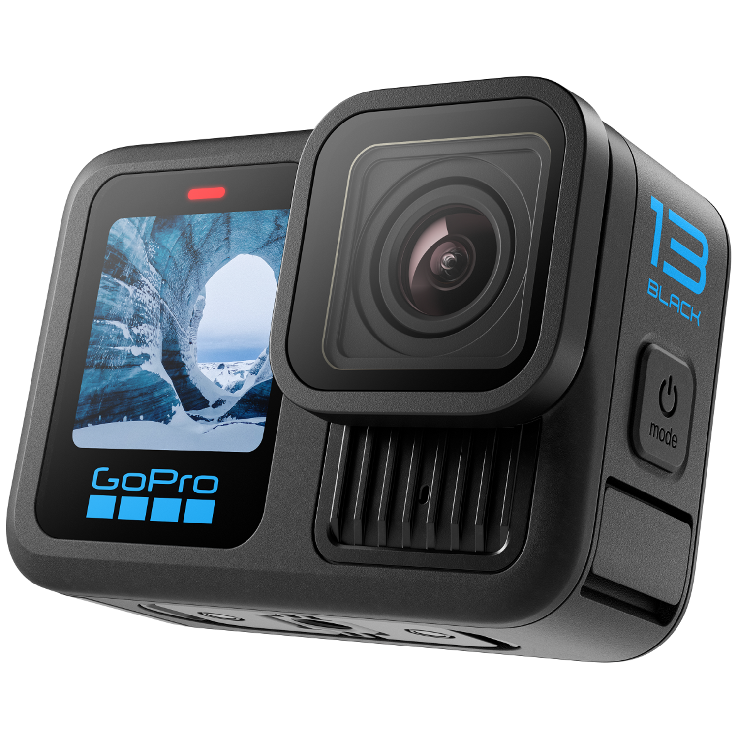 Een zwarte GoPro-camera met scherm waarop een ijzige grot te zien is.